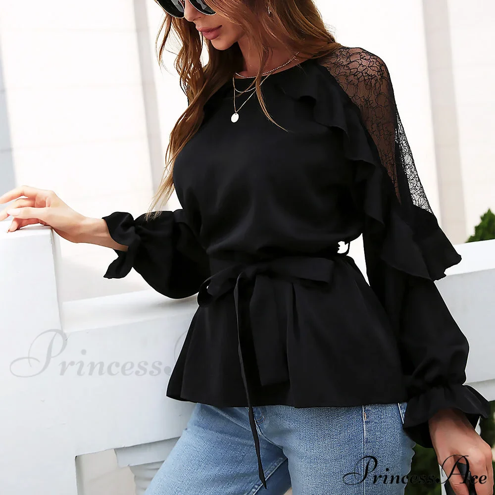Front Lace Arm Flounce Cap Tie Blouse - Image 6