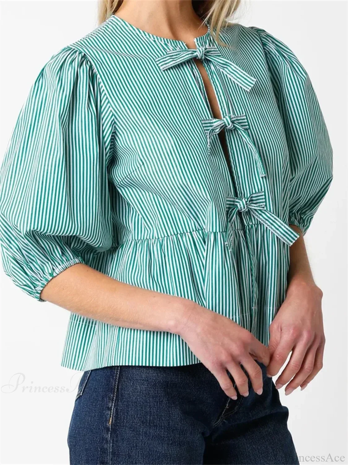 Front Split Bowknot Tie-Up Puff Sleeve Blouse - Image 4