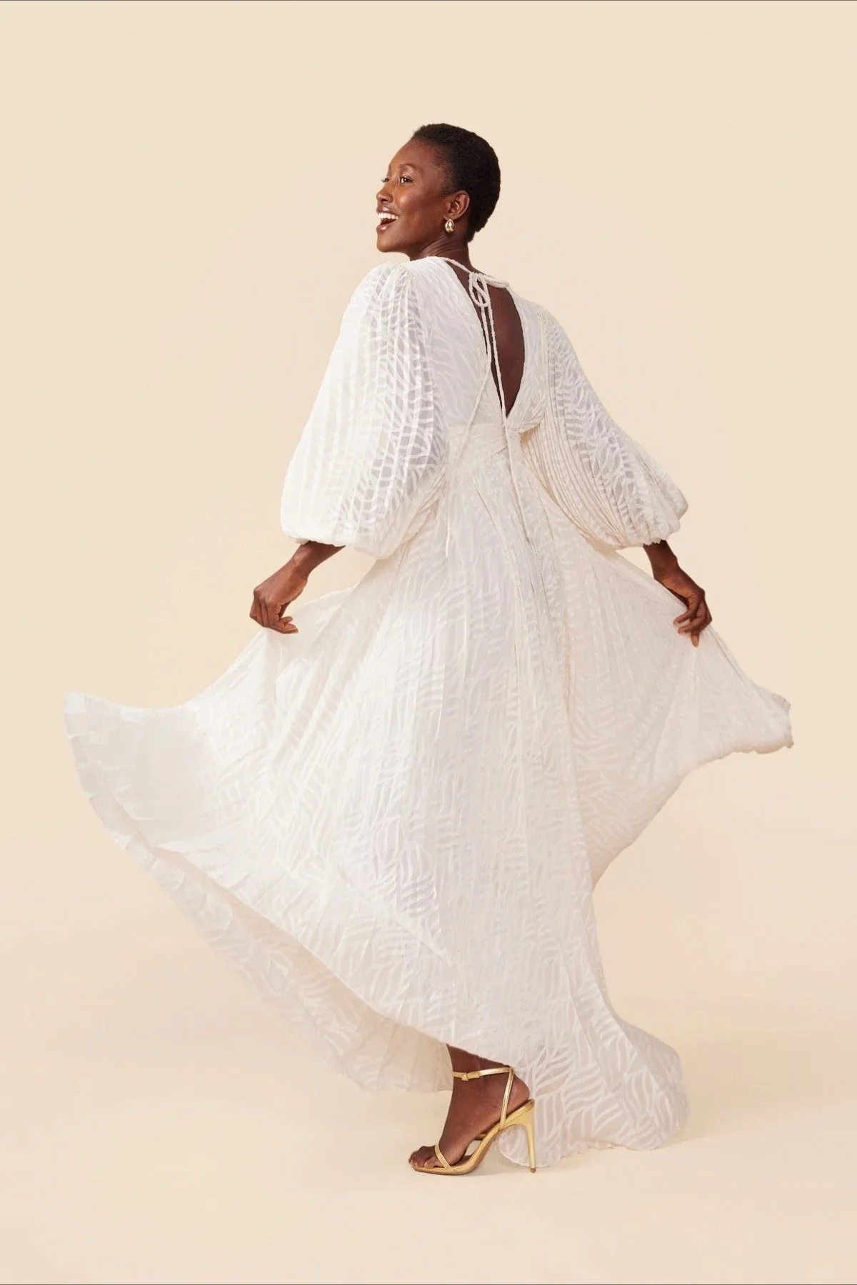 Full Flare Jacquard Ruched Puff Sleeve Backless Tie Maxi Dress - Image 5