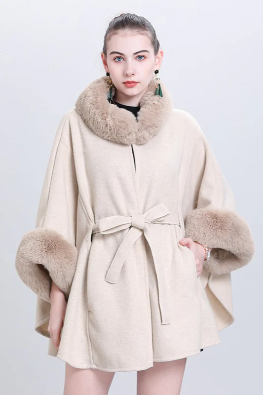 Fur Collar Tie Knitted Cardigan Loose Wool Blend Cape Coat - Image 2