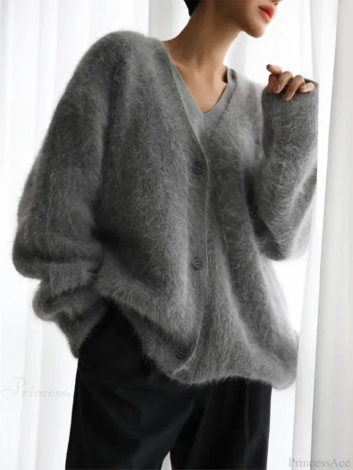 Furry Button Long Sleeve Cardigan - Image 2