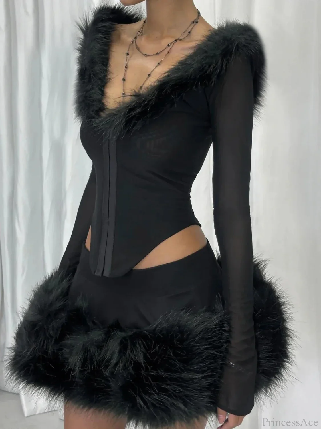 Furry Collar V-neck Knit Top - Image 2