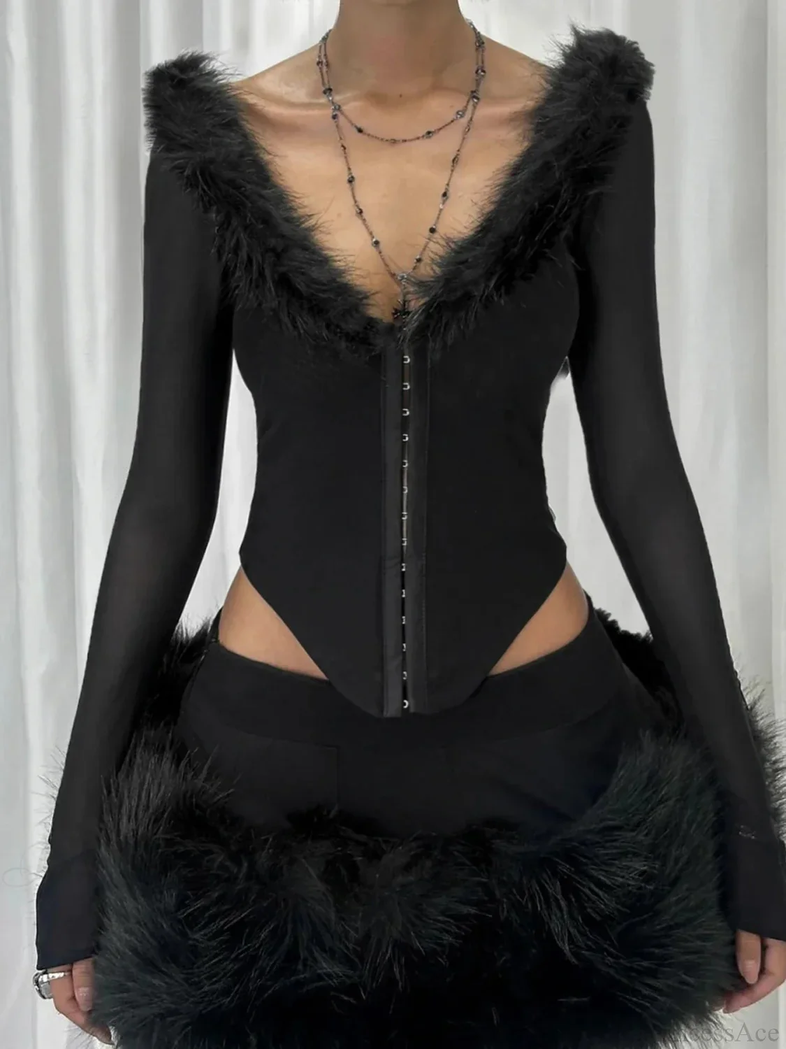 Furry Collar V-neck Knit Top - Image 6