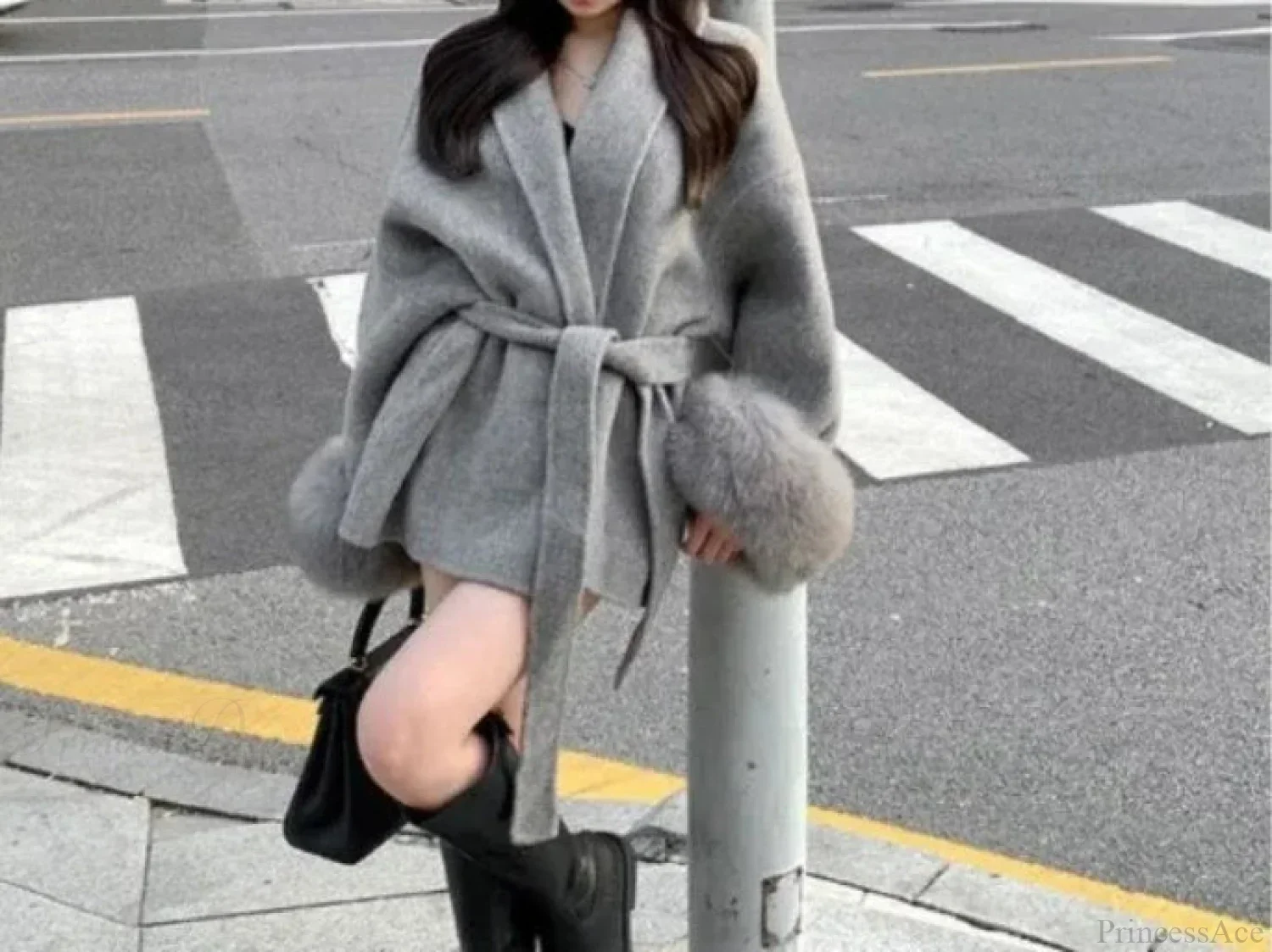 Furry Patchwork Long Sleeve Bandage Overcoat - Image 2