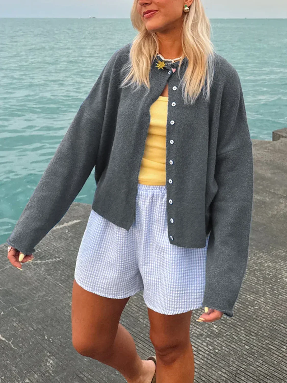 Fuzzy Button-Front Long Sleeve Knit Cardigan - Image 4