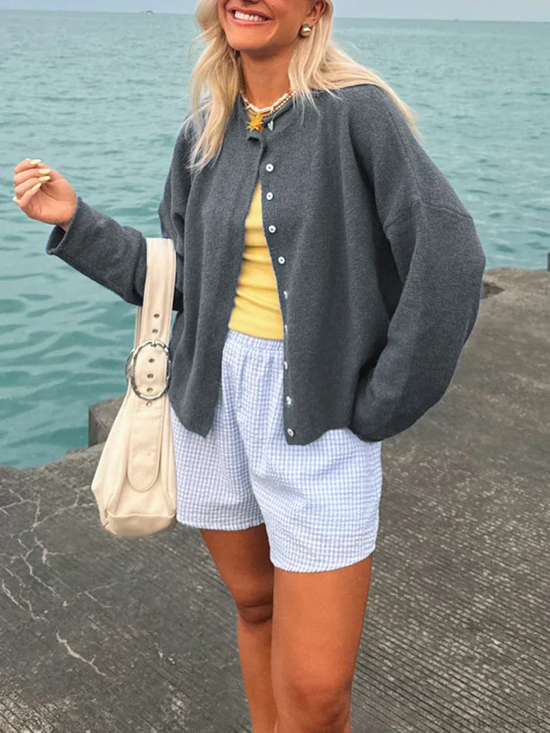 Fuzzy Button-Front Long Sleeve Knit Cardigan - Image 9