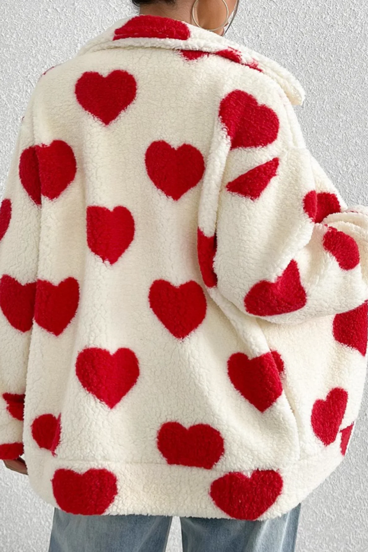 Fuzzy Heart Print Oversized Long Sleeve Zip Coat - Image 2