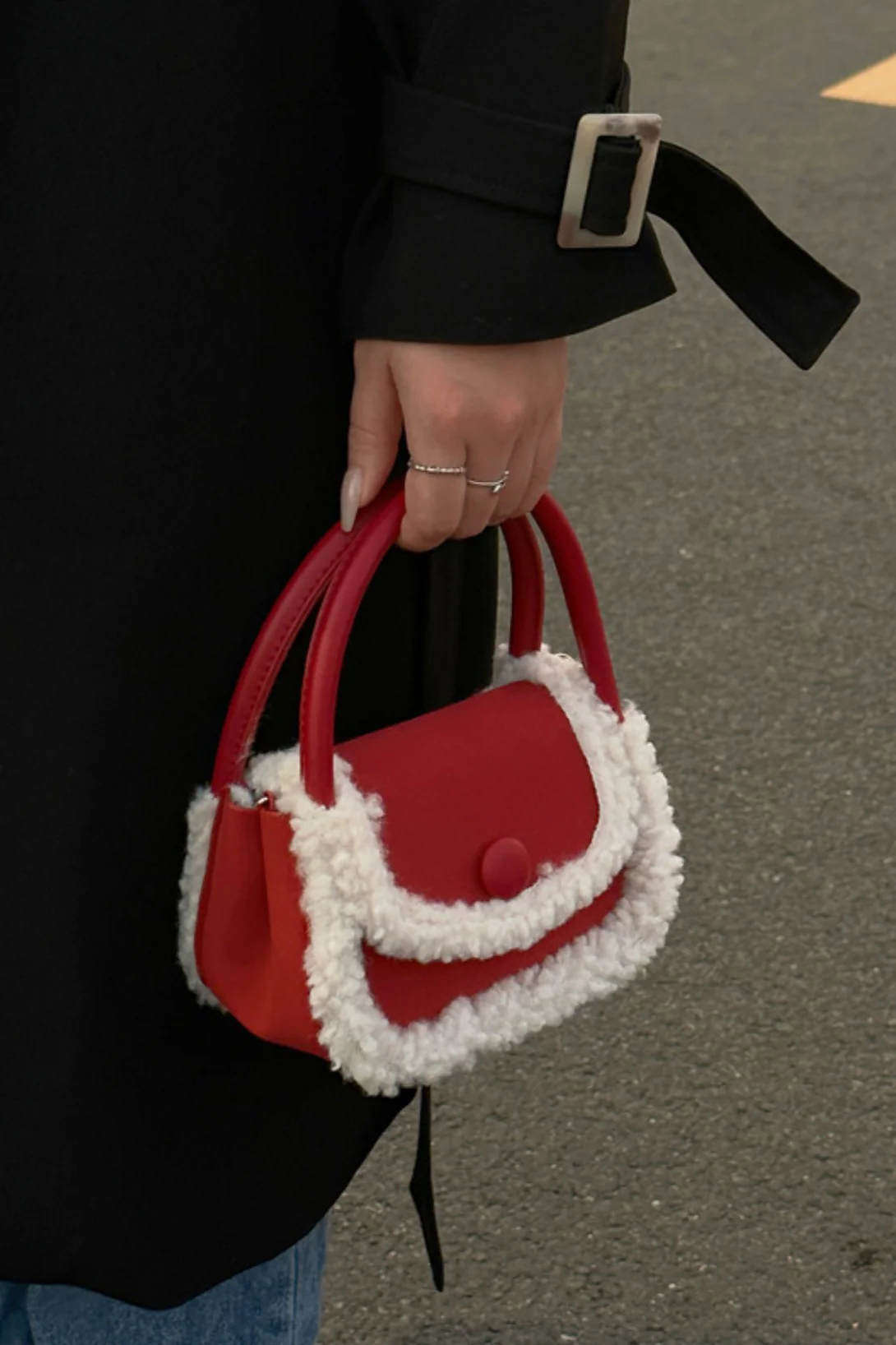 Fuzzy Red Square Mini Bag Handheld Shoulder Crossbody Bag - Image 2