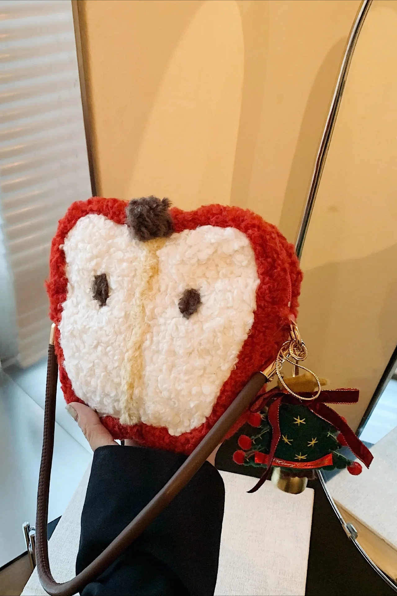 Fuzzy Sherpa Apple Bag Cute Mini Handheld Shoulder Crossbody Bag