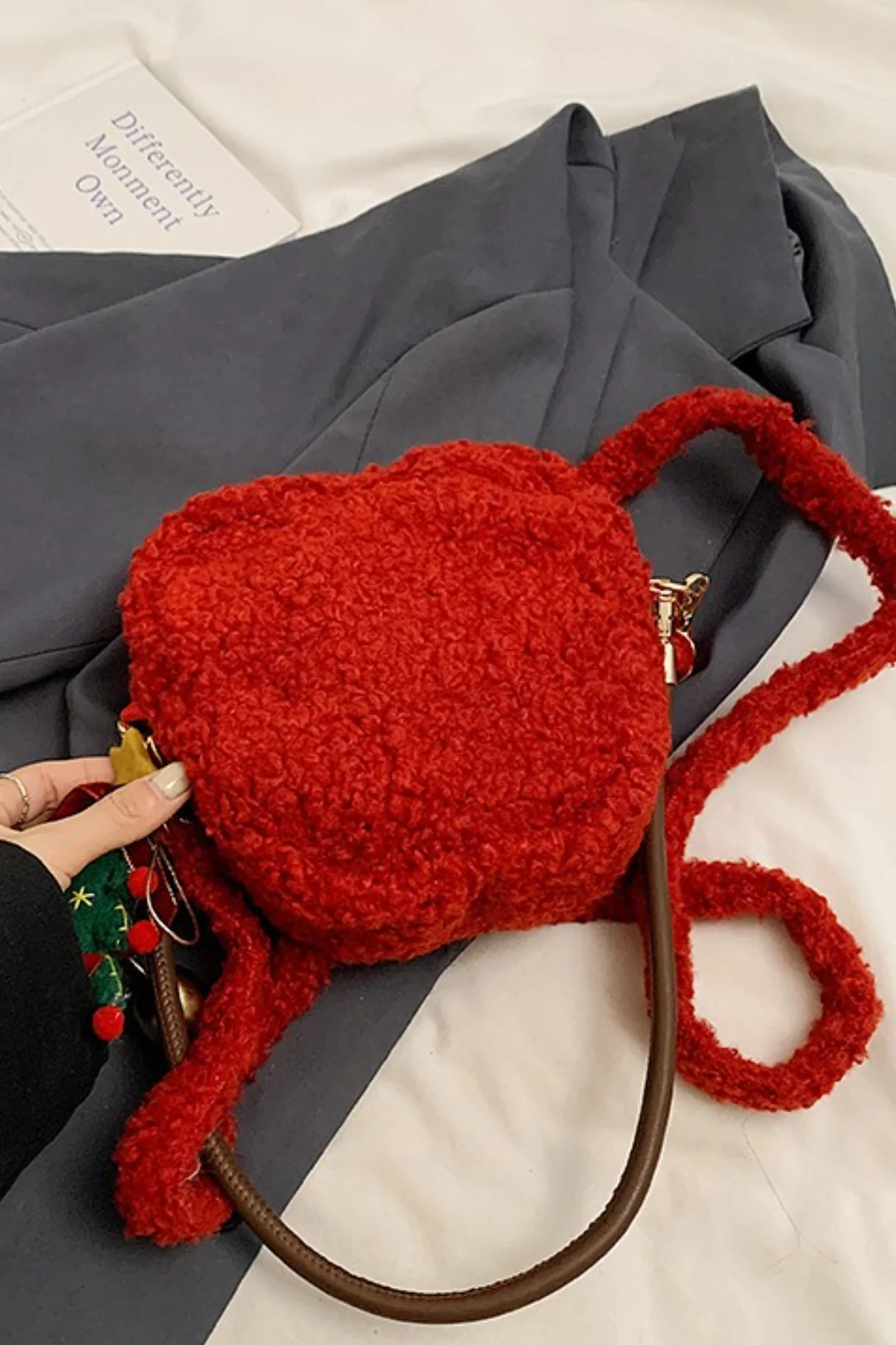 Fuzzy Sherpa Apple Bag Cute Mini Handheld Shoulder Crossbody Bag - Image 5