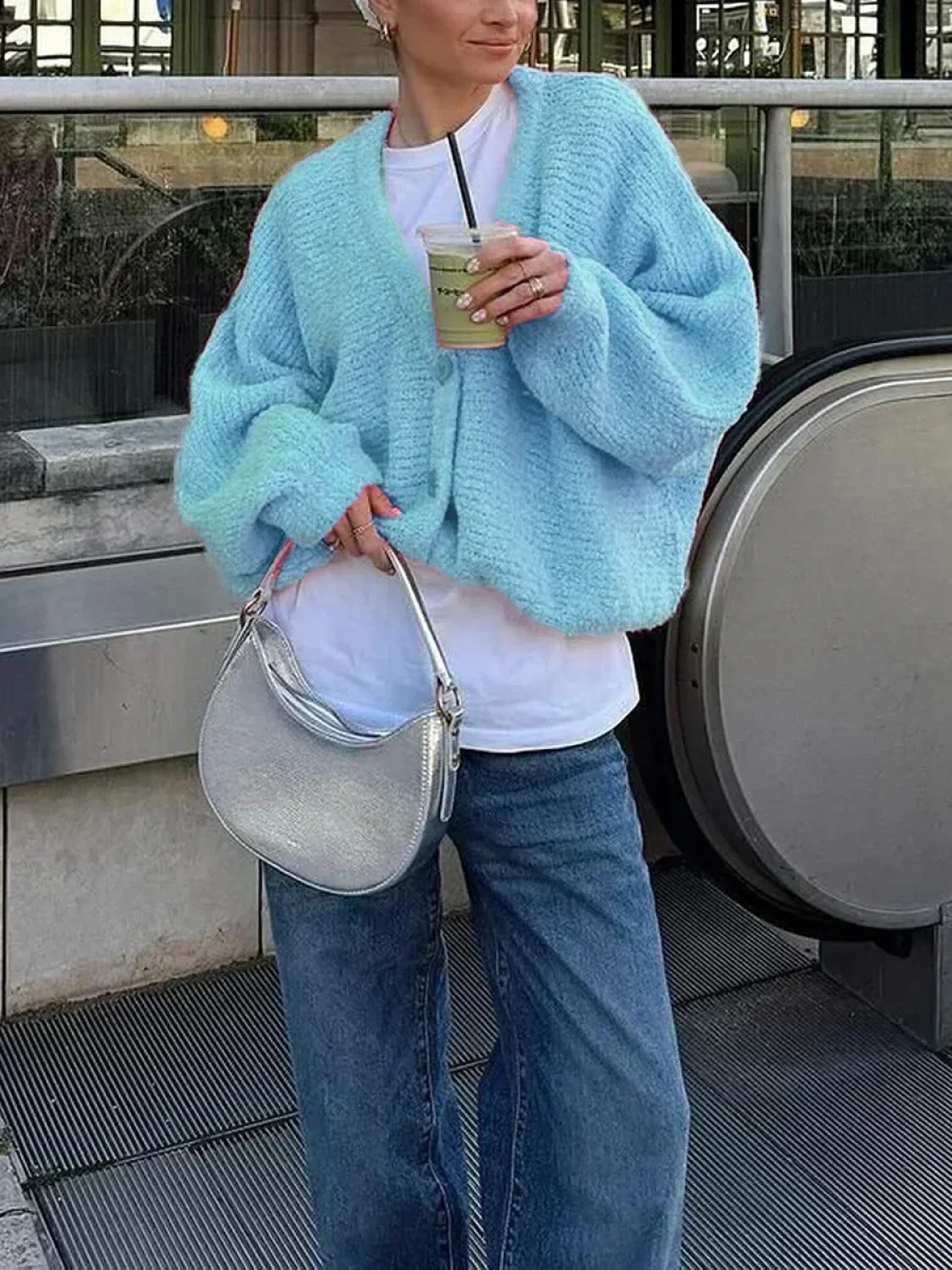 Fuzzy V-neck Button-front Cardigan - Image 3