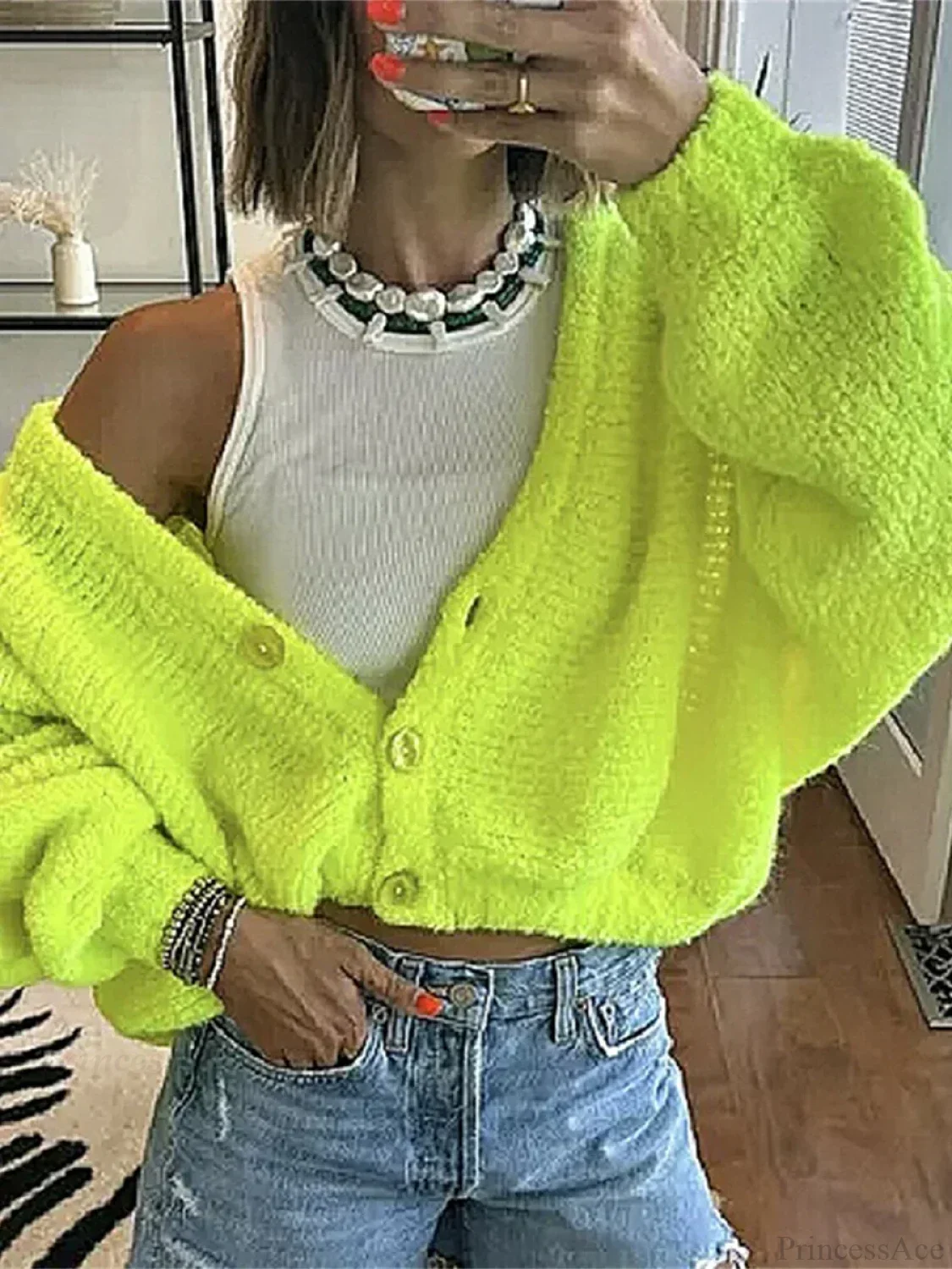 Fuzzy V-Neck Button-Front Knit Cardigan - Image 2