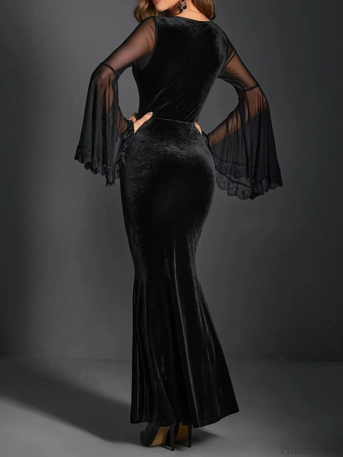 Gathered Net Flare Sleeve Full-Length Dress - Image 4