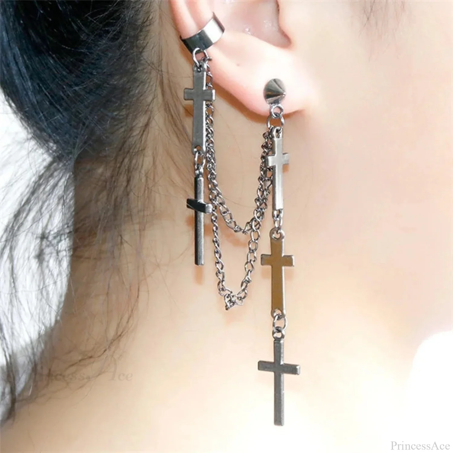 Genderless Punk Cross Fringe Chain Clip Earring - Image 2