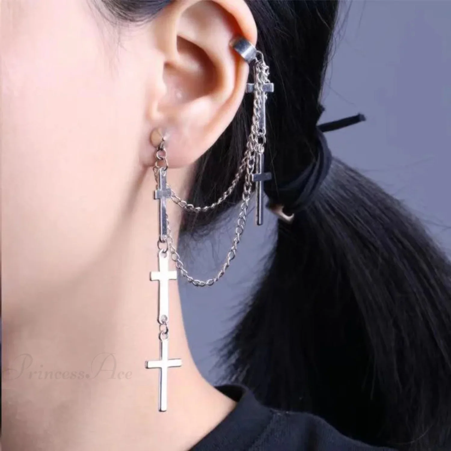 Genderless Punk Cross Fringe Chain Clip Earring - Image 3