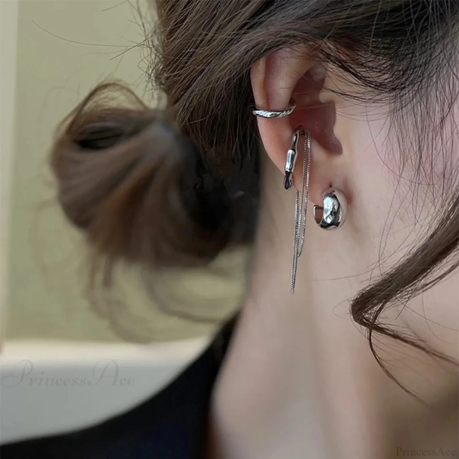 Geometric Fringe Chain Metal Clip Earring - Image 4