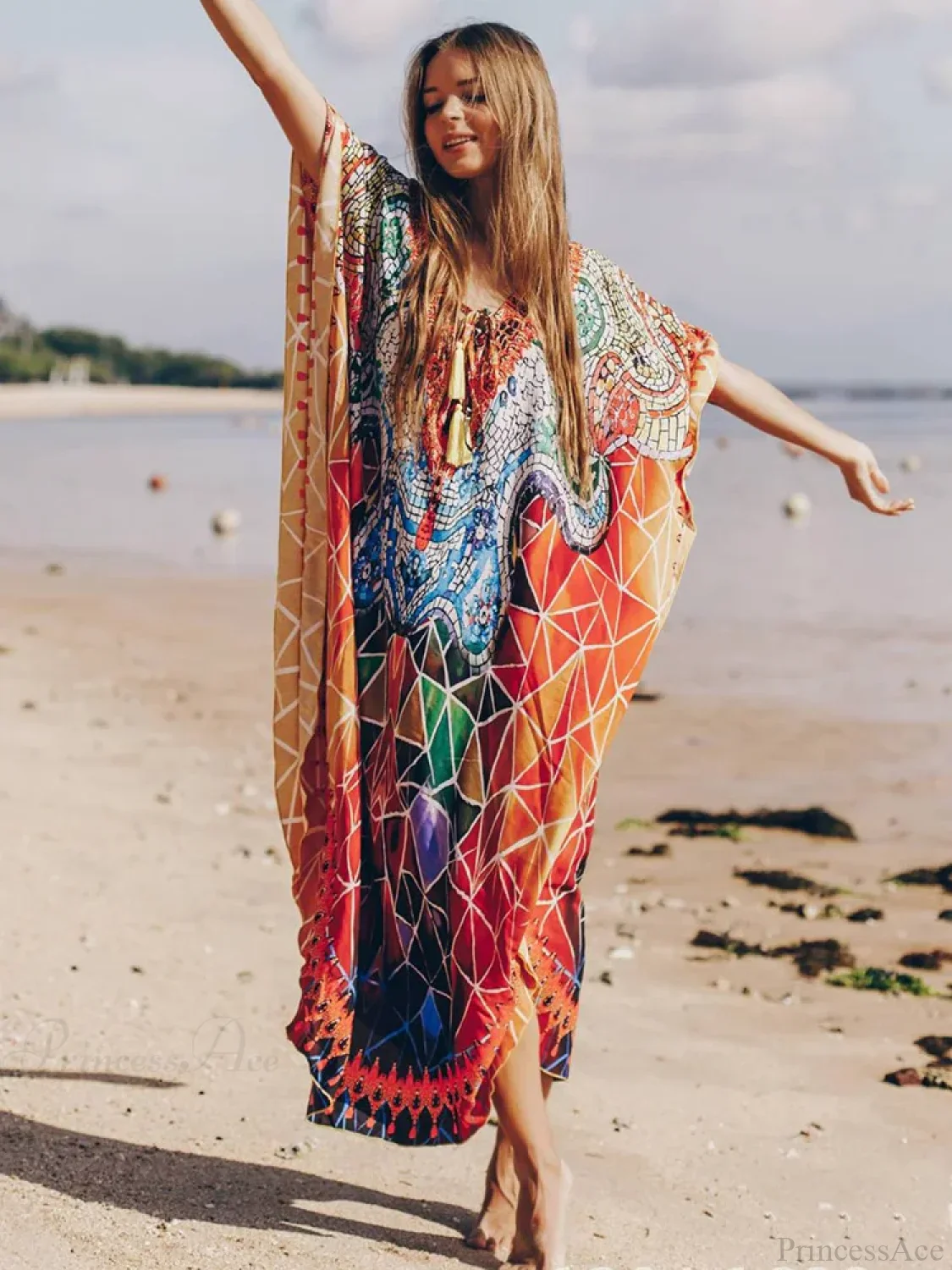 Geometric Printed Lace Up V-Neck Cover Up