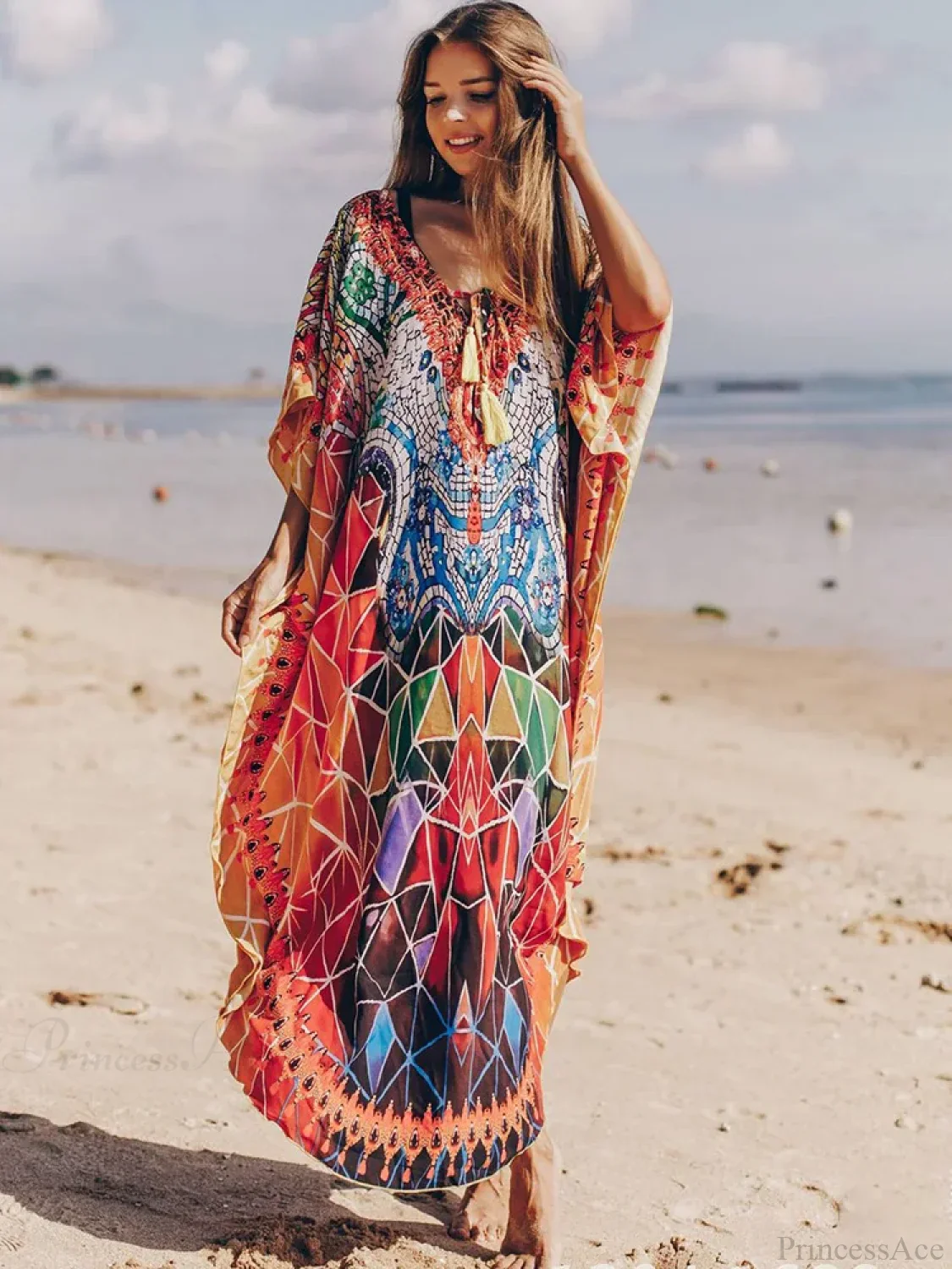 Geometric Printed Lace Up V-Neck Cover Up - Image 2