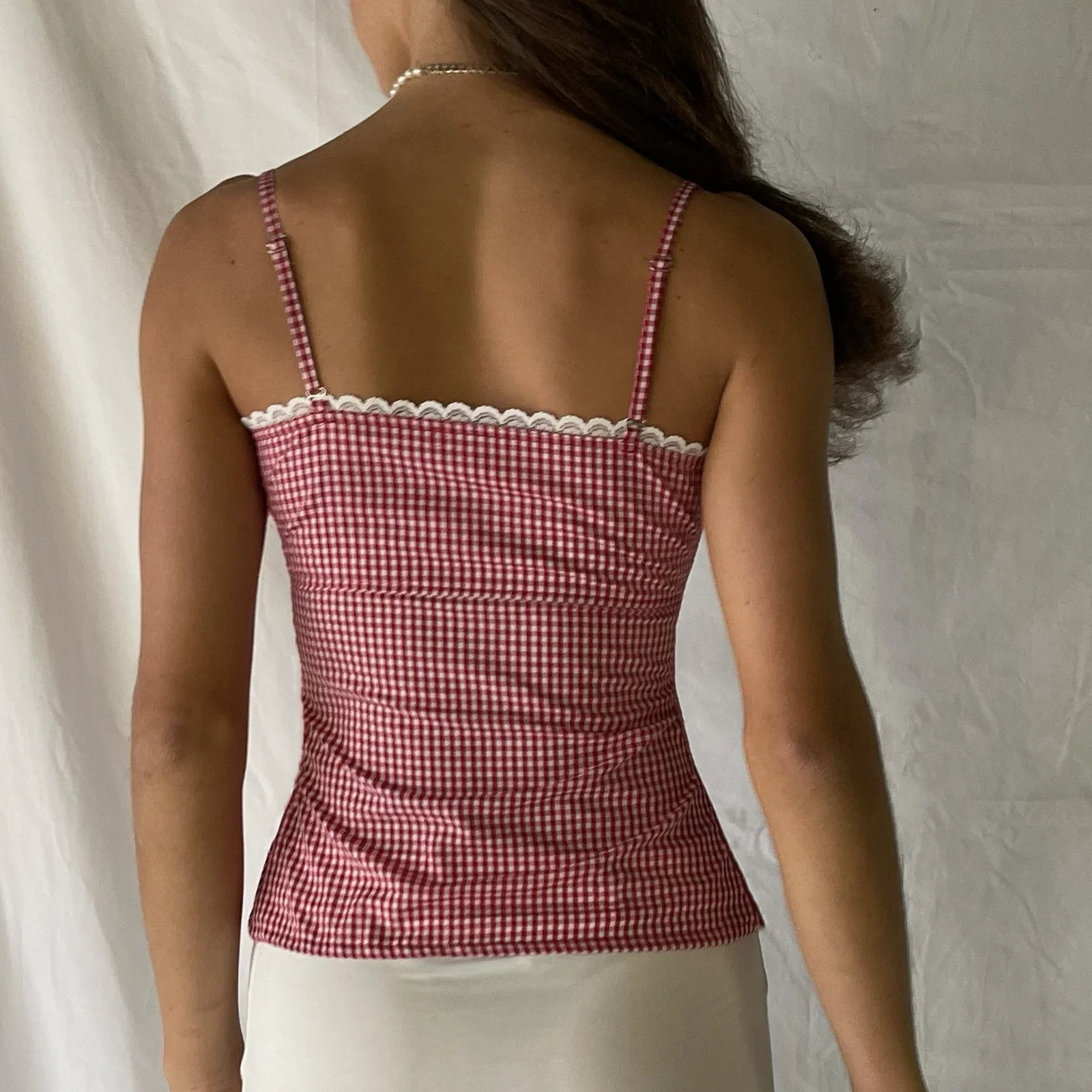 Gingham Checkered Lace Crop Top - Image 3