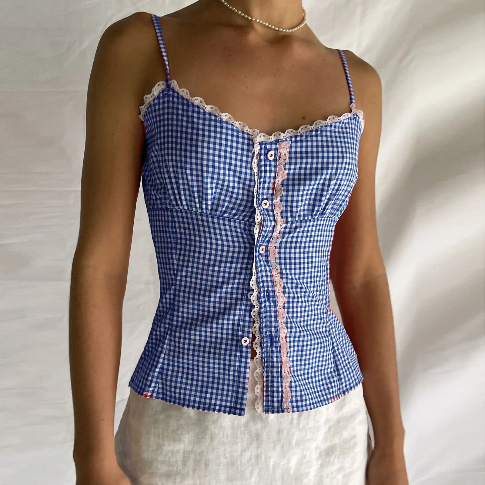 Gingham Checkered Lace Crop Top - Image 5
