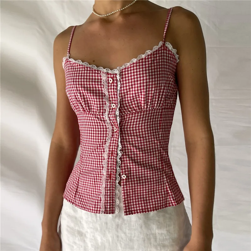 Gingham Checkered Lace Crop Top - Image 7