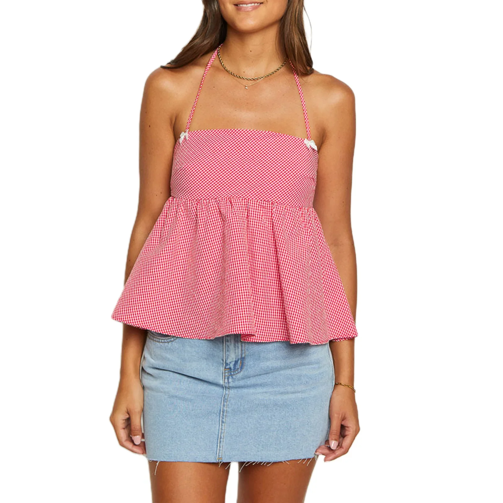 Gingham Halter Tie-Up Crop Top - Image 3