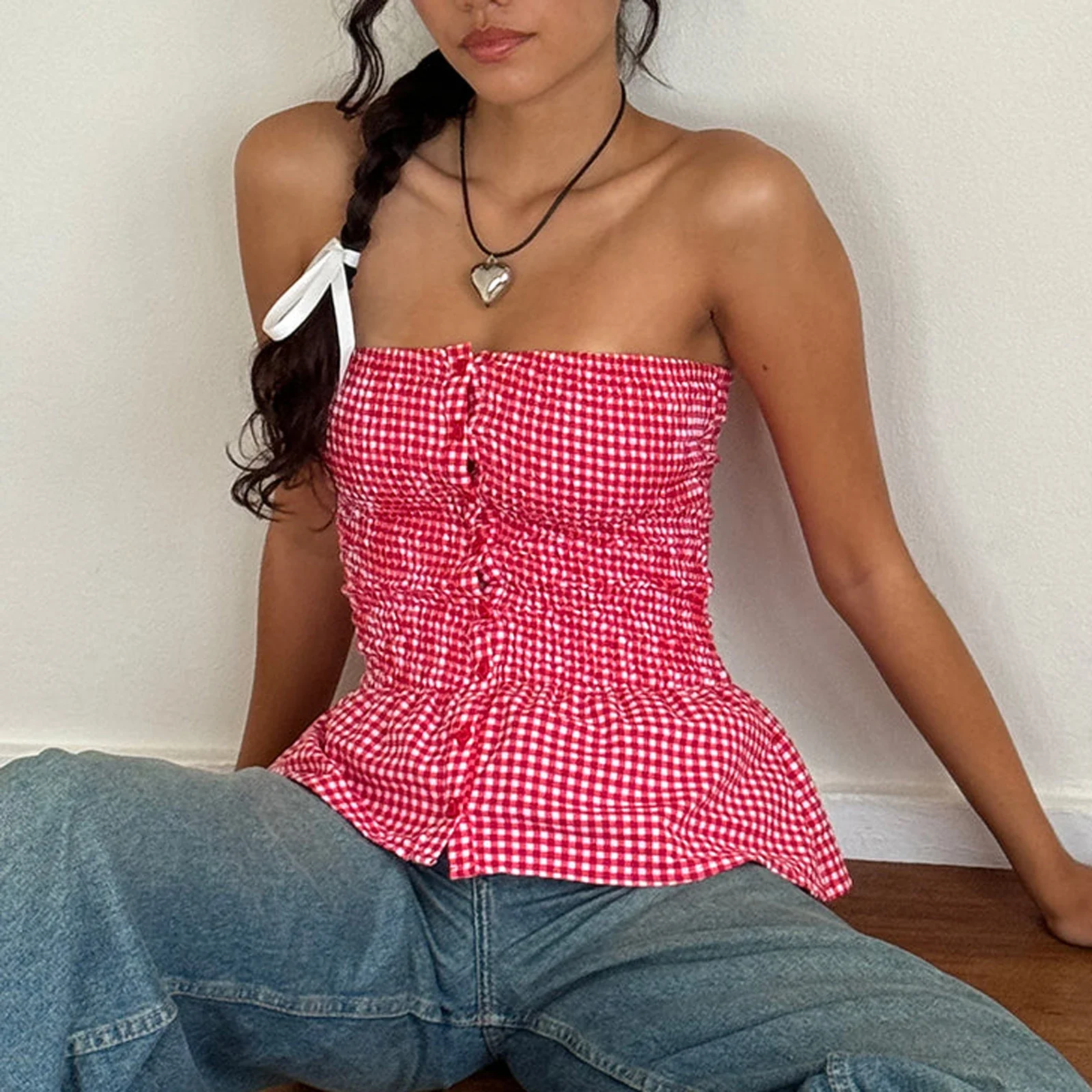 Gingham Plaid Tube Crop Top - Image 2