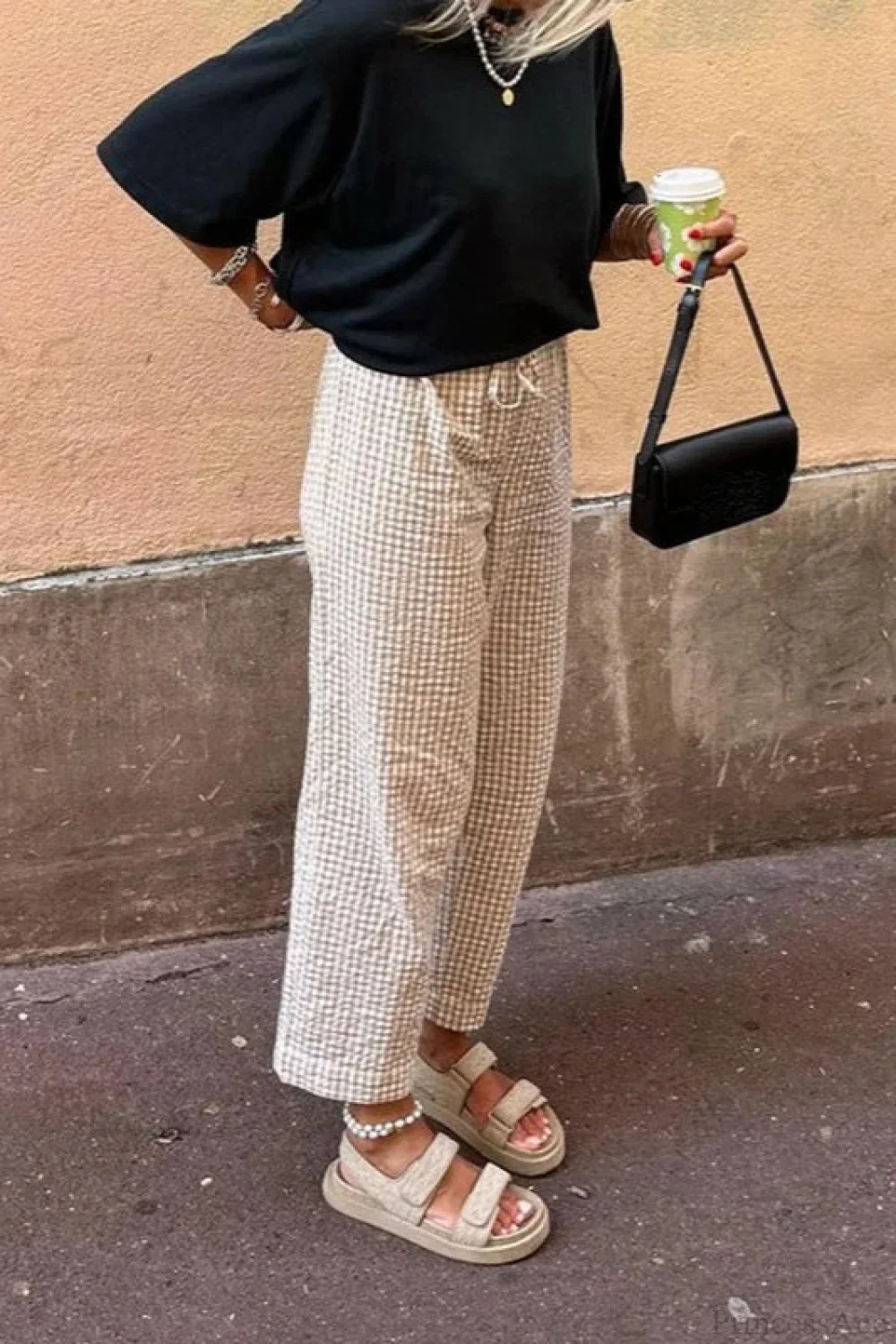 Gingham Print Elastic Waist Drawstring Lounge Pant - Image 4