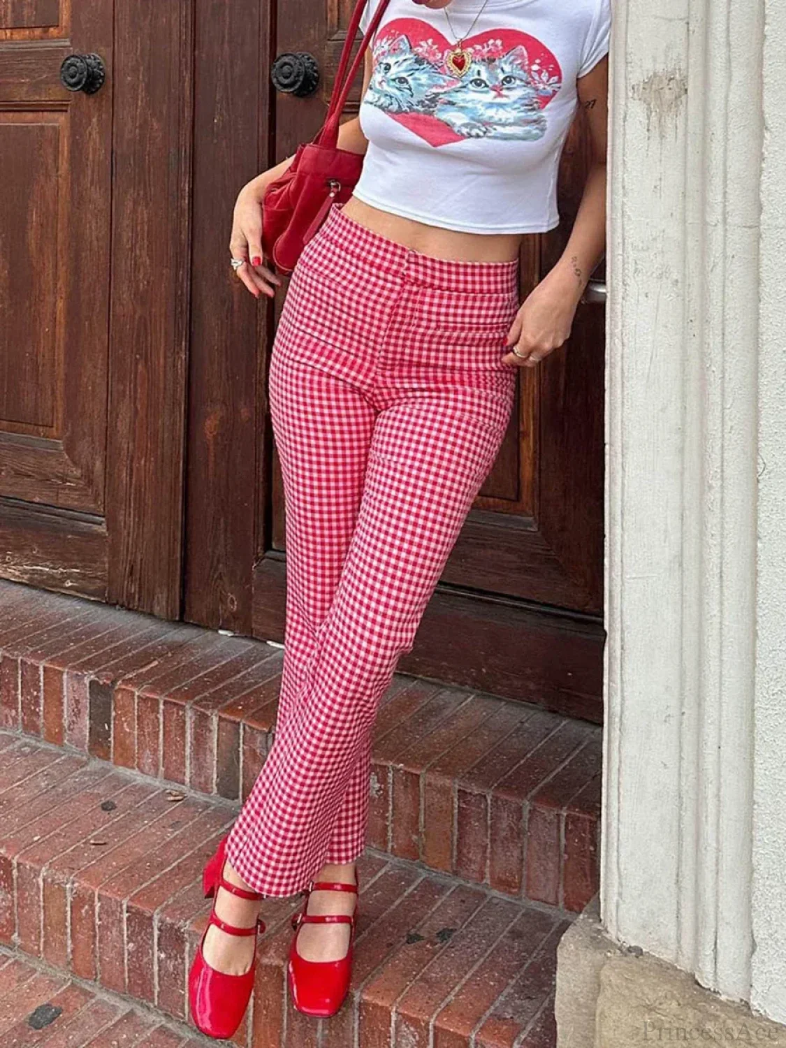 Gingham Red High Waist Flare Plaid Pant - Image 3