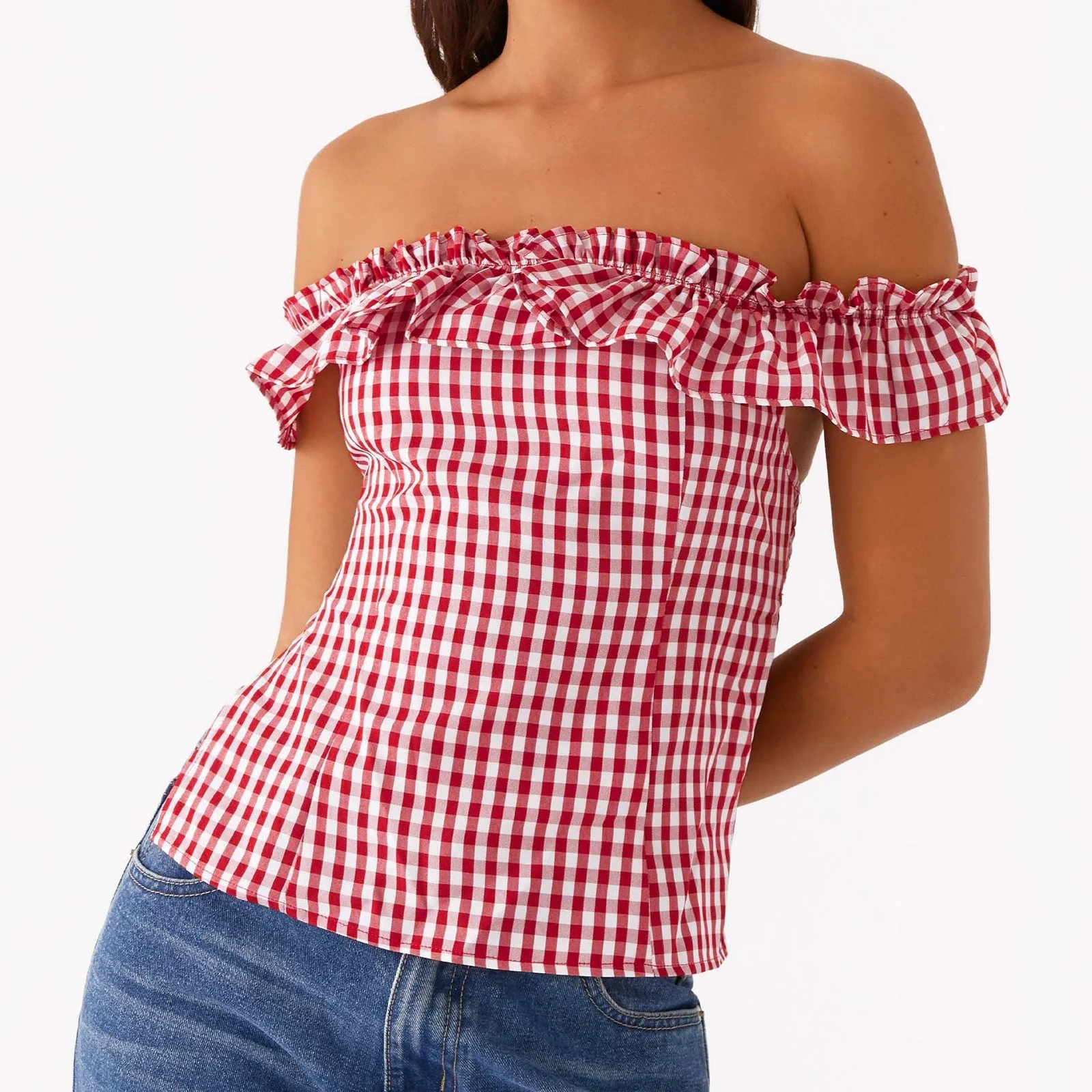 Gingham Square Neck Crop Top - Image 2