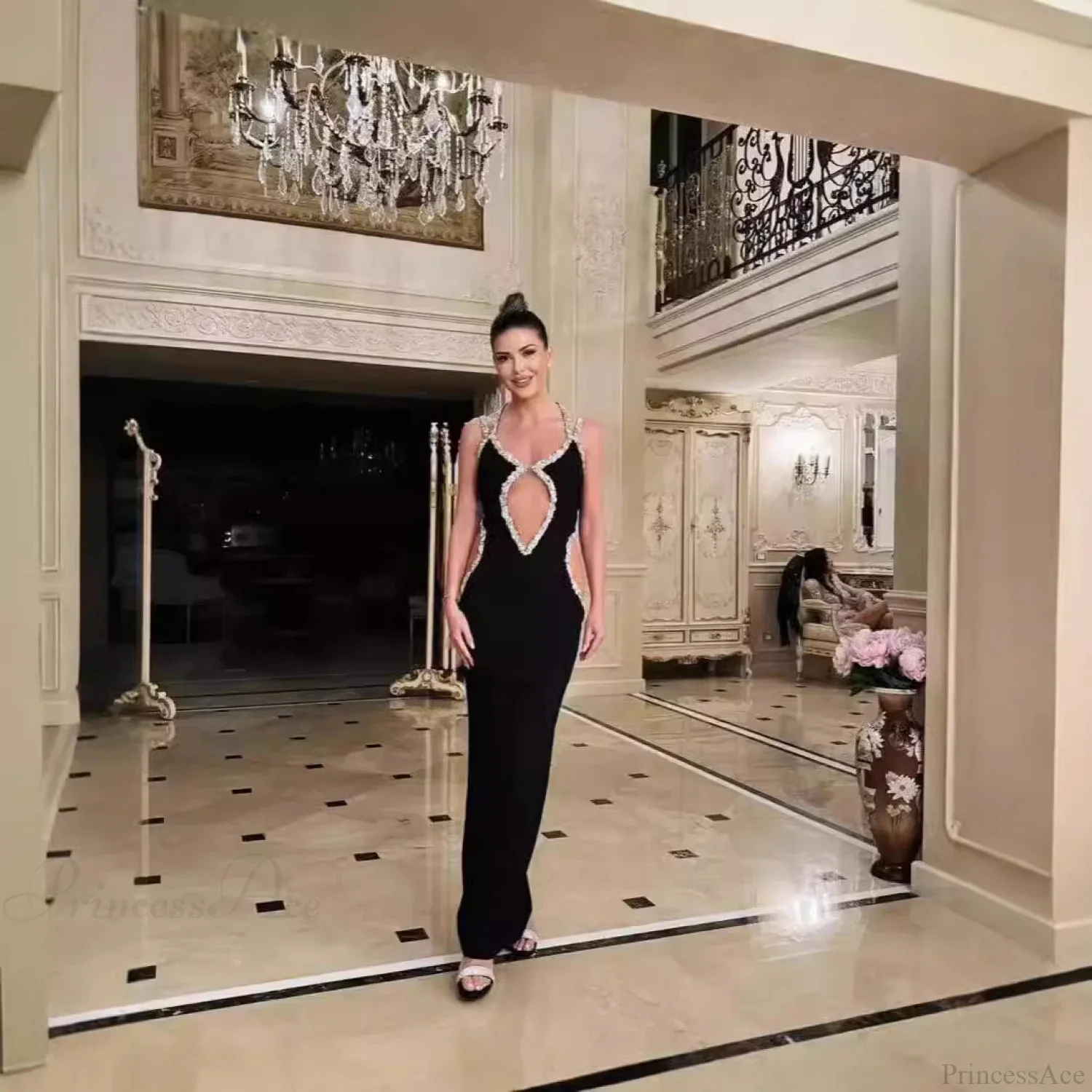 Glamorous Black Strapless Rhinestone Halter Gown Prom Dress - Image 2