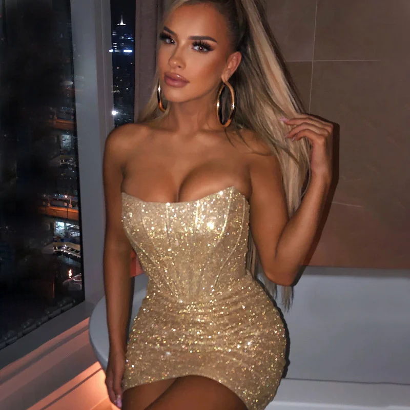 Glamorous Night Club Sexy Bodycon Glitter Party Dress - Image 2