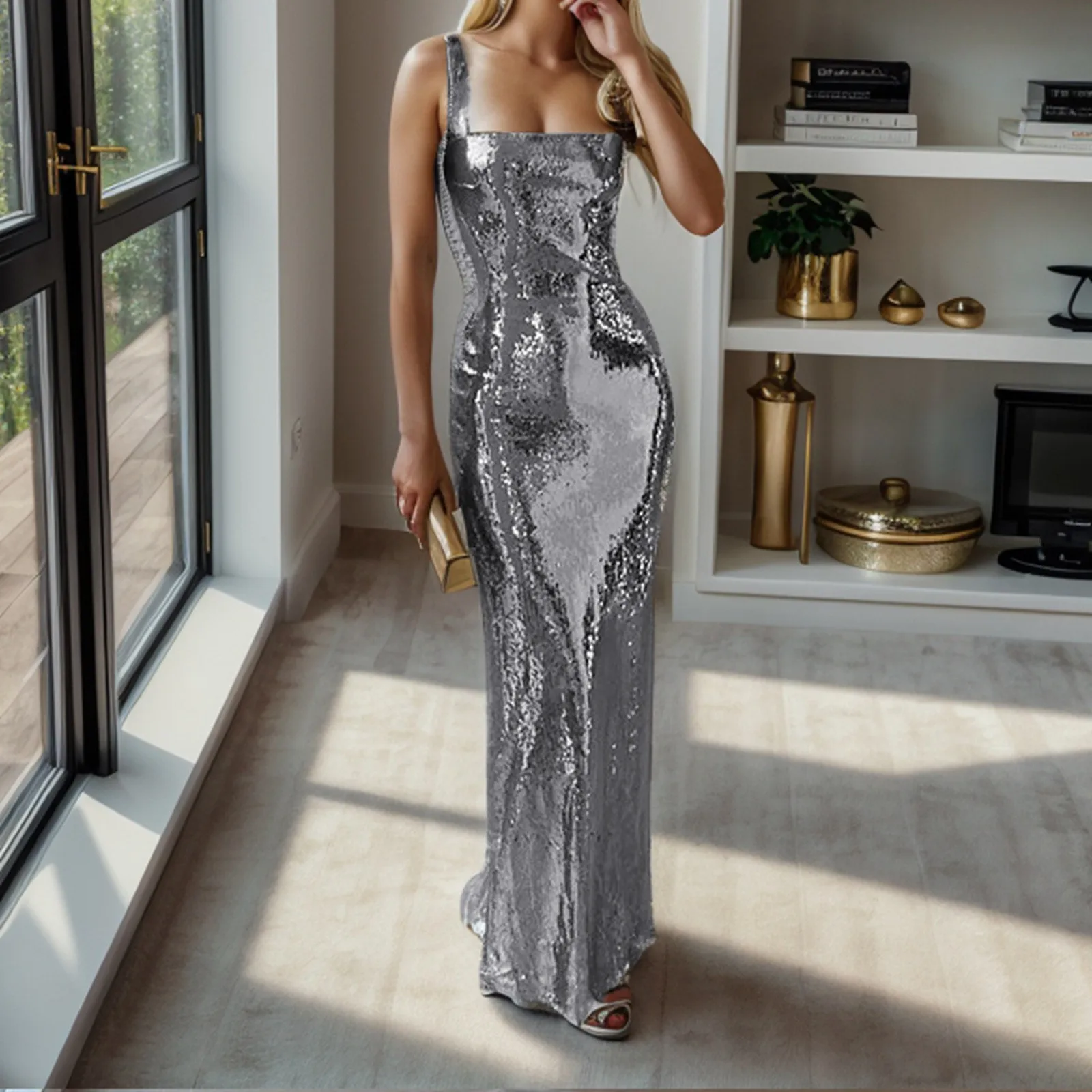 Glamorous Red Backless Sequins Sling Maxi Party Dress - Image 3