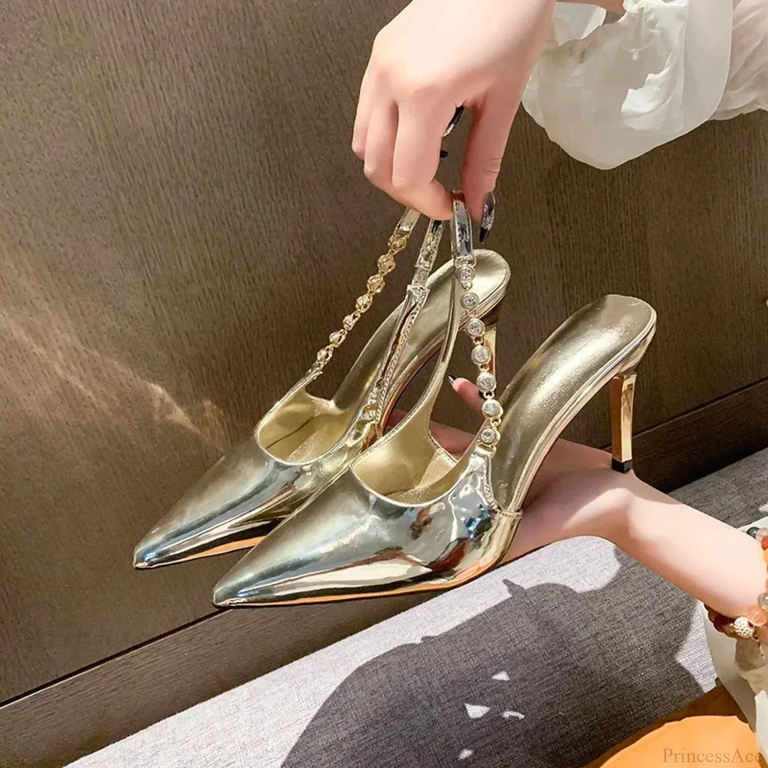 Gleaming Metallic Crystal Gothic Slingback Stiletto Tall Heel - Image 3