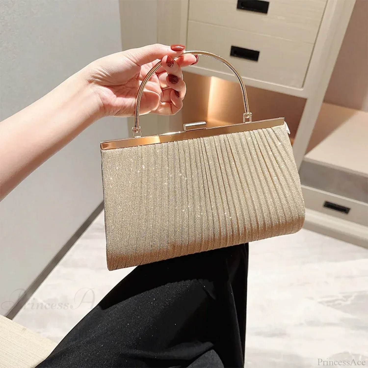 Glitter Luxury Apricot Evening Clutch Chain Shoulder Bag - Image 4