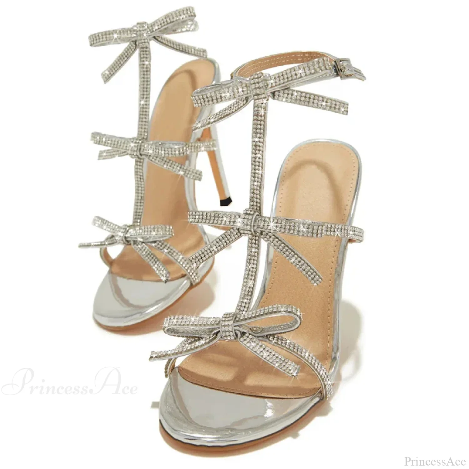 Glitter Rhinestone Bowknot Gladiator Thin High-Heels Sandals Sexy Open-Toe Party Dress High Heel - Image 4