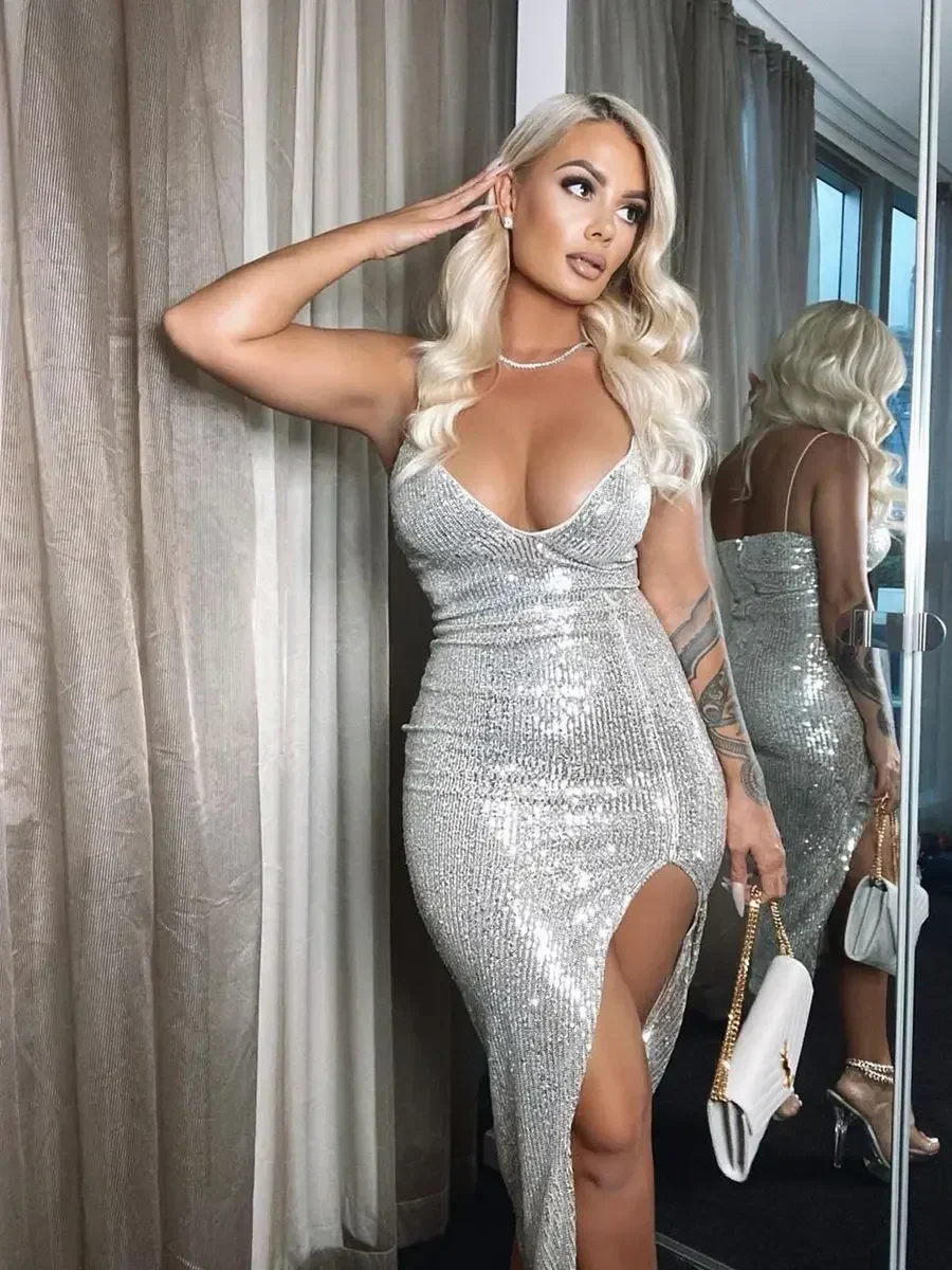 Glitter V-Neck Split Party Dress - Image 6