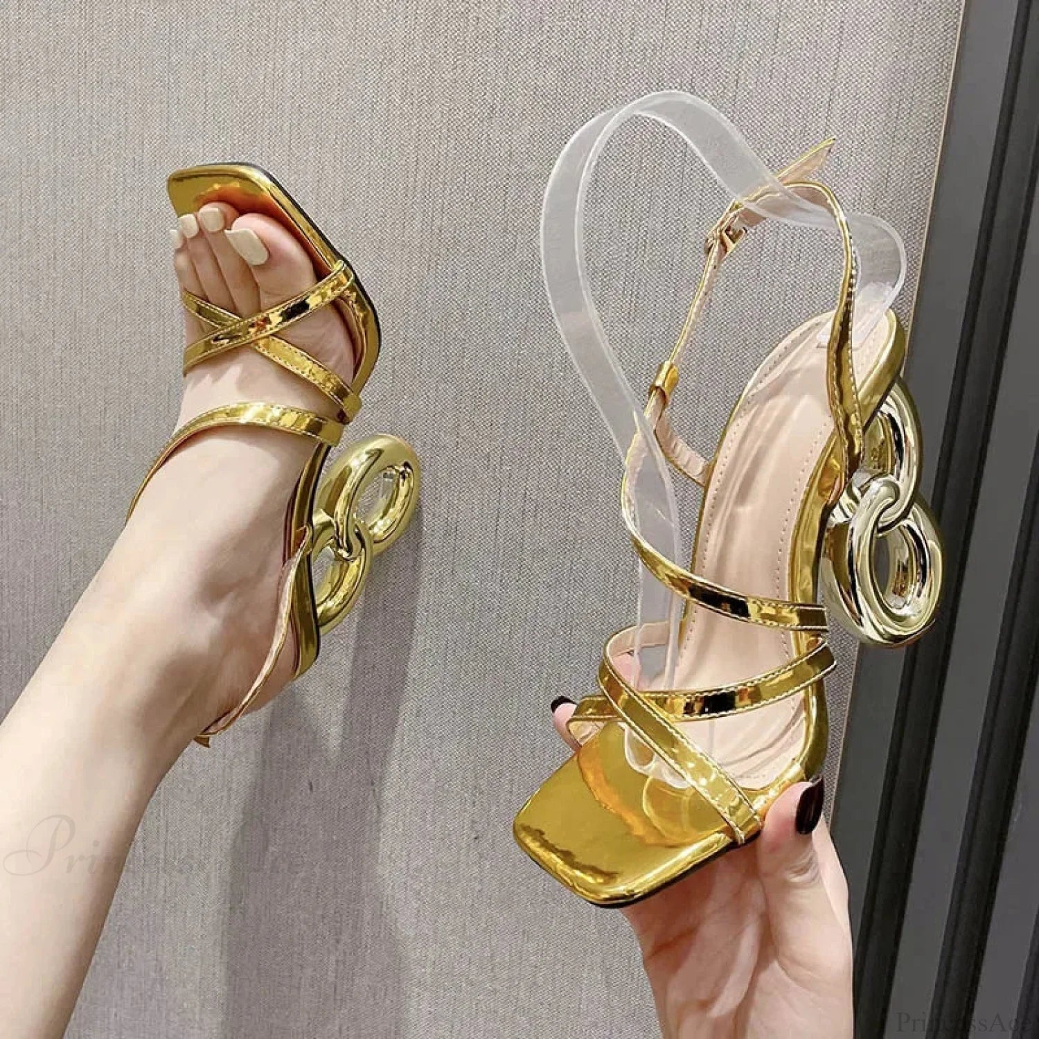 Gold Sexy Strange High Heels Gladiator Narrow Band Square ToeBuckle Strap Wedding Banquet Pumps High Heel - Image 5