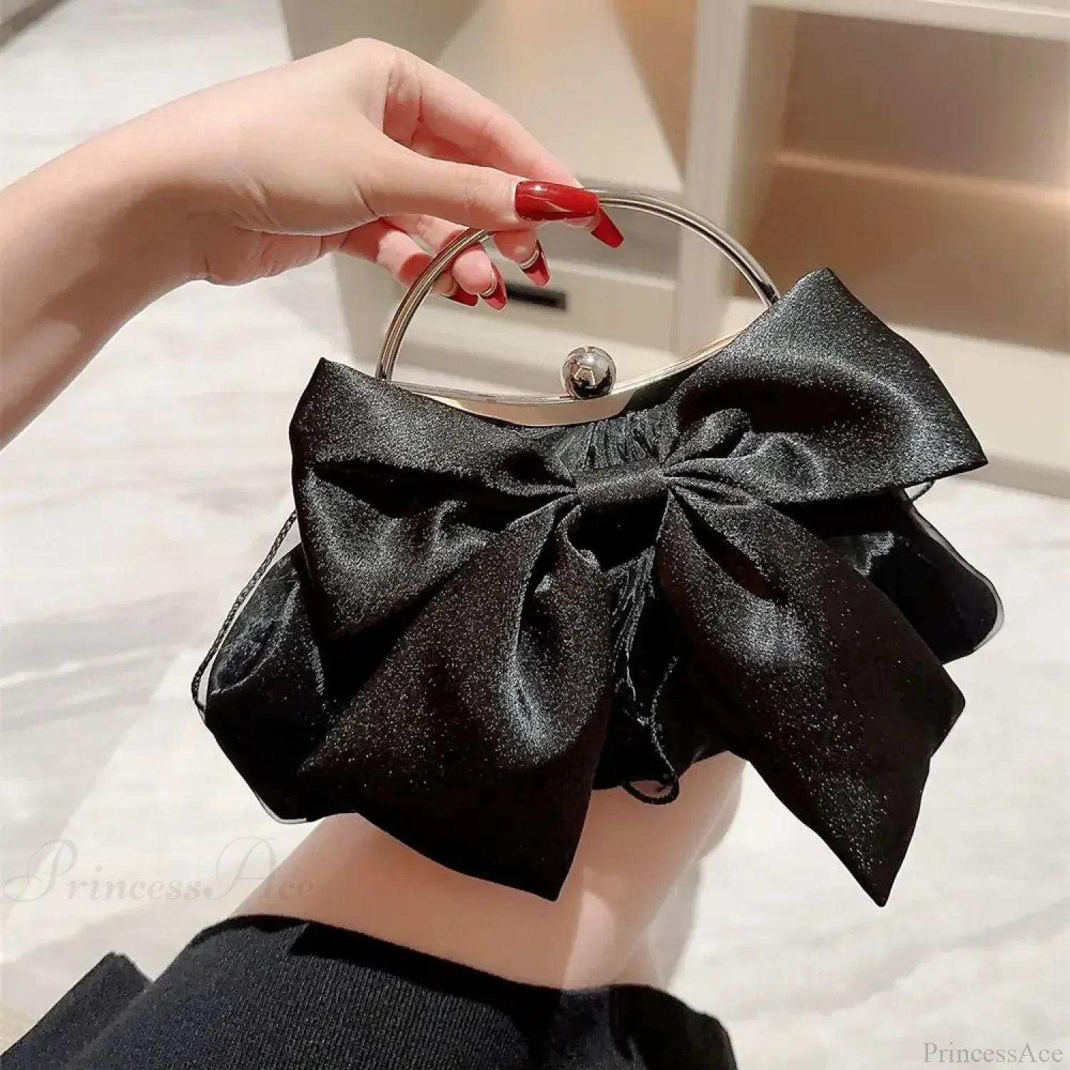 Gold Silk Bowknot Evening Bag Women Elegant Banquet Shoulder Handbag - Image 2