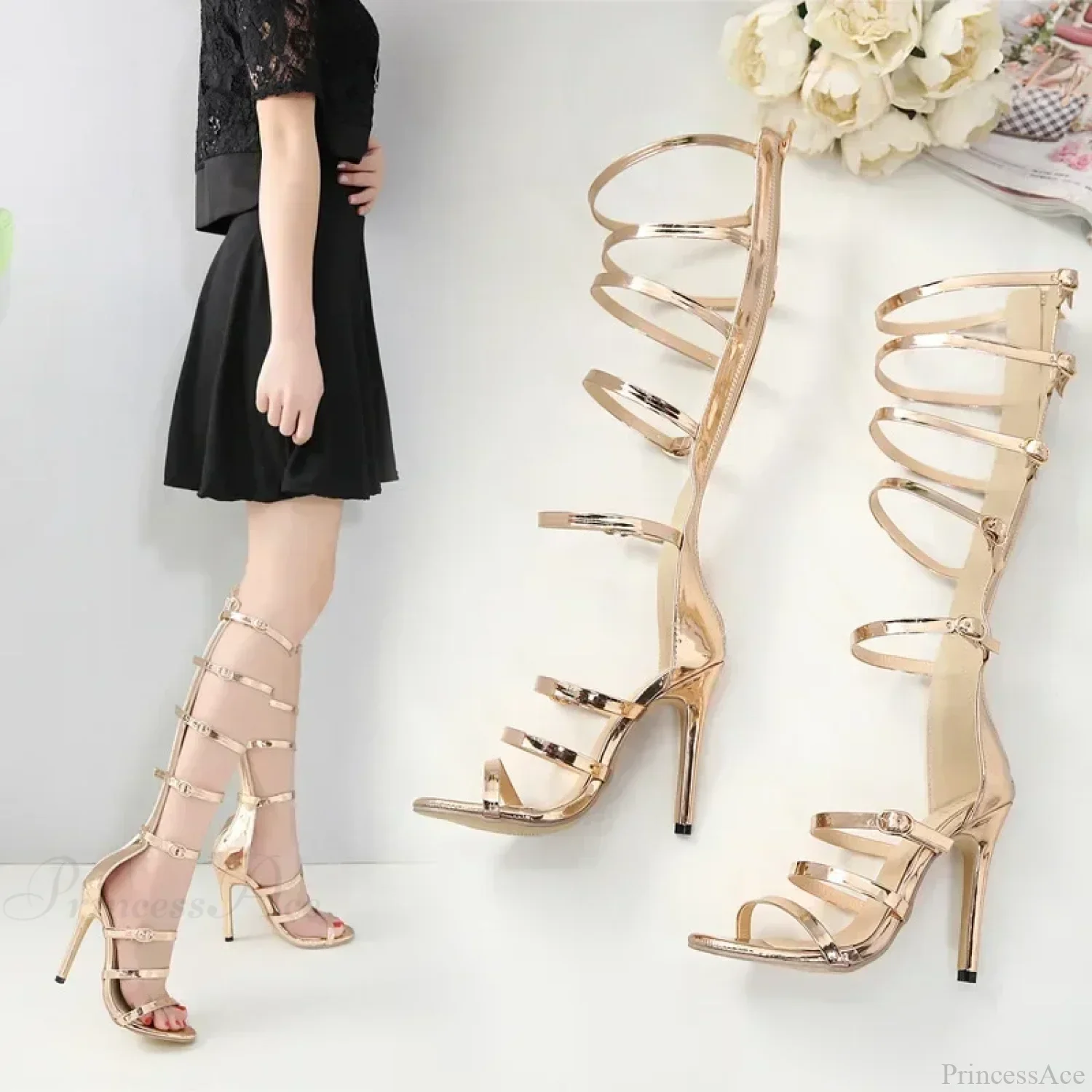 Golden 12CM Thin High Heels Gladiator Peep Toe Narrow Band Hollow Buckle Zipp Party High Heel - Image 3