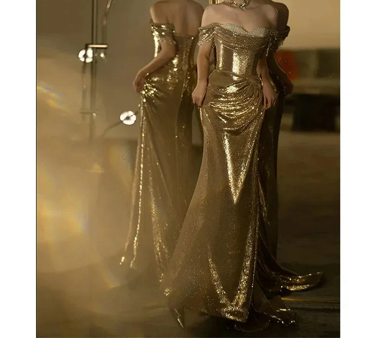 Golden Backless Sequined Party Dress