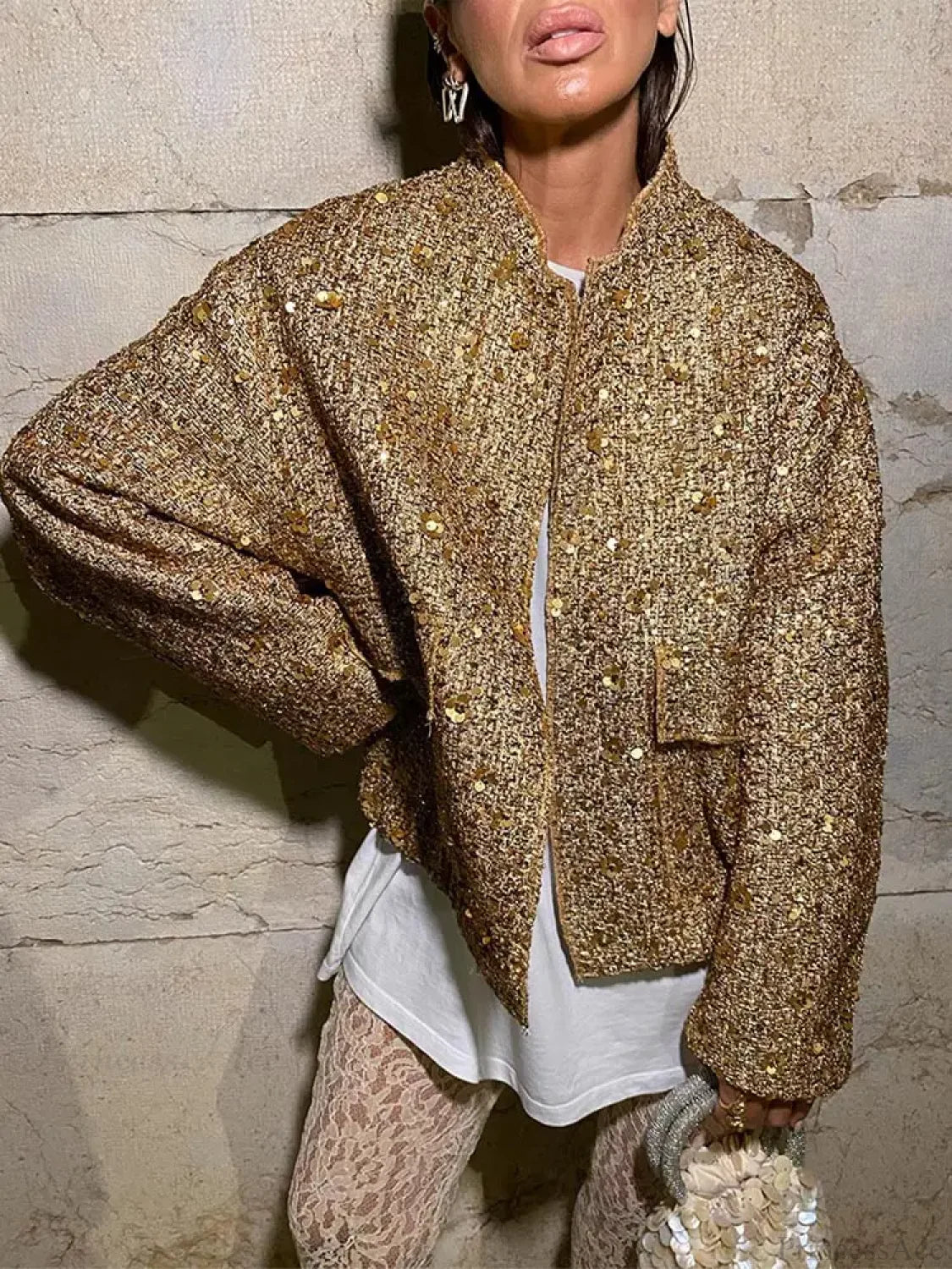 Golden Sequins Bomber Short Coat - Image 4