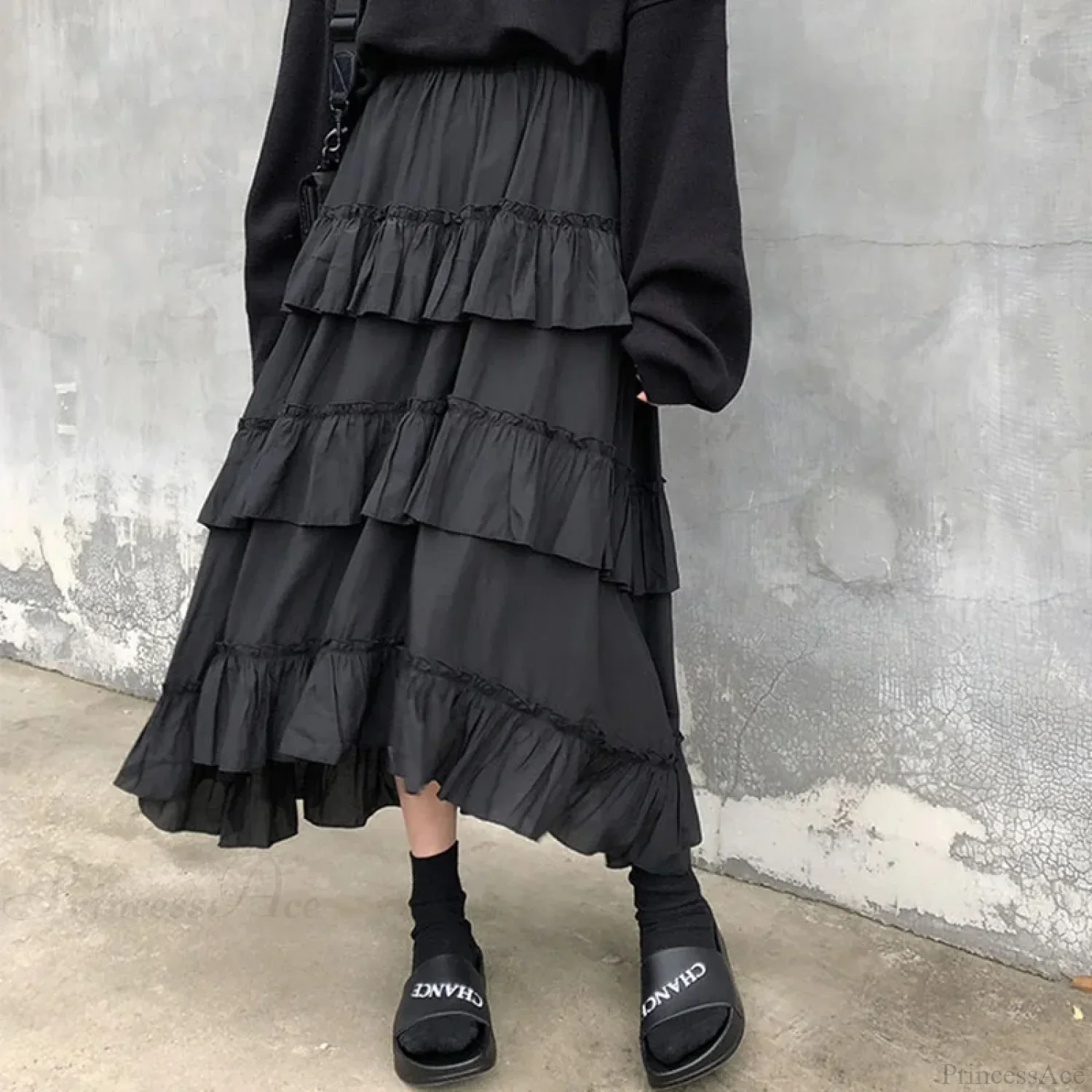Gothic High Low Ruched Ruffle Skirt