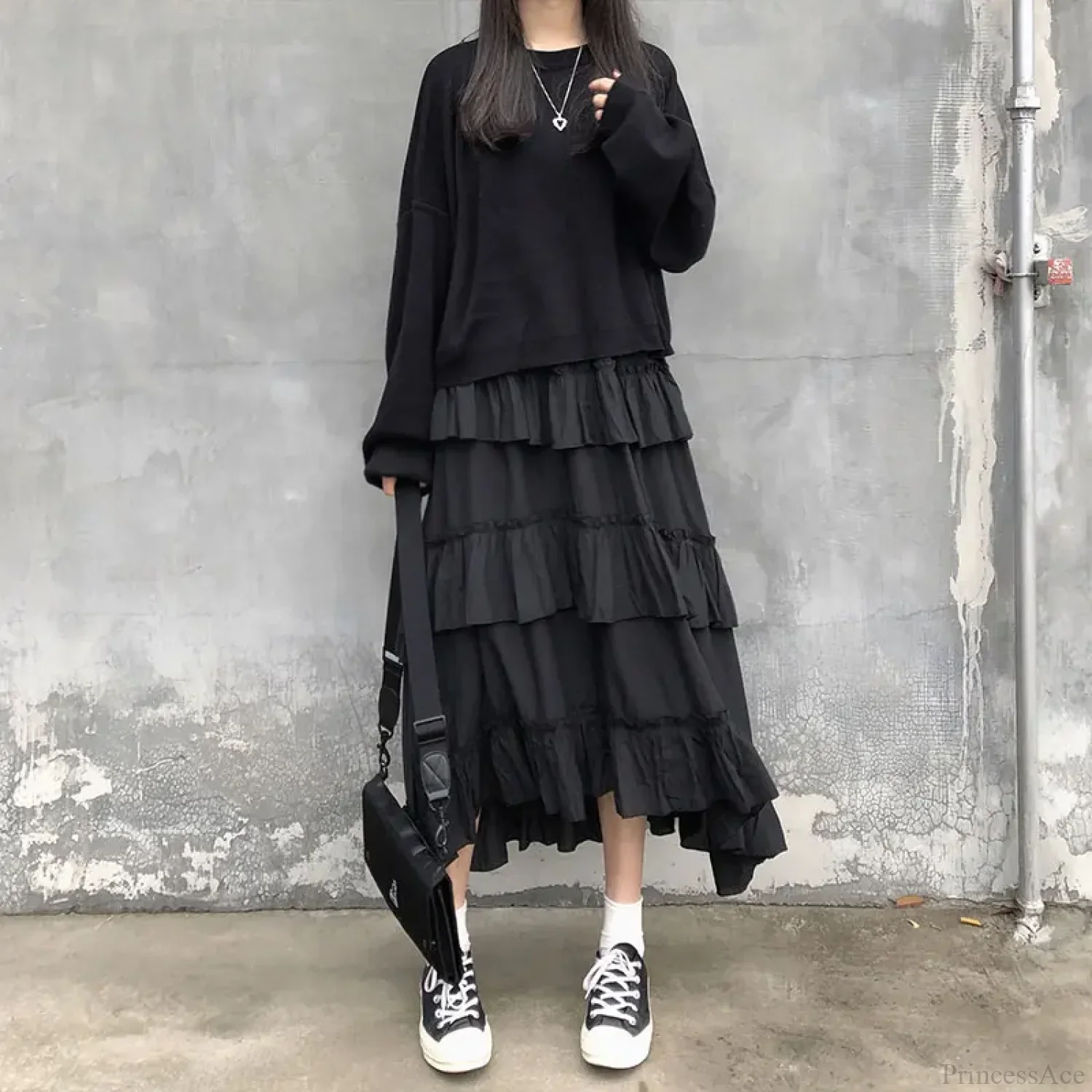 Gothic High Low Ruched Ruffle Skirt - Image 3