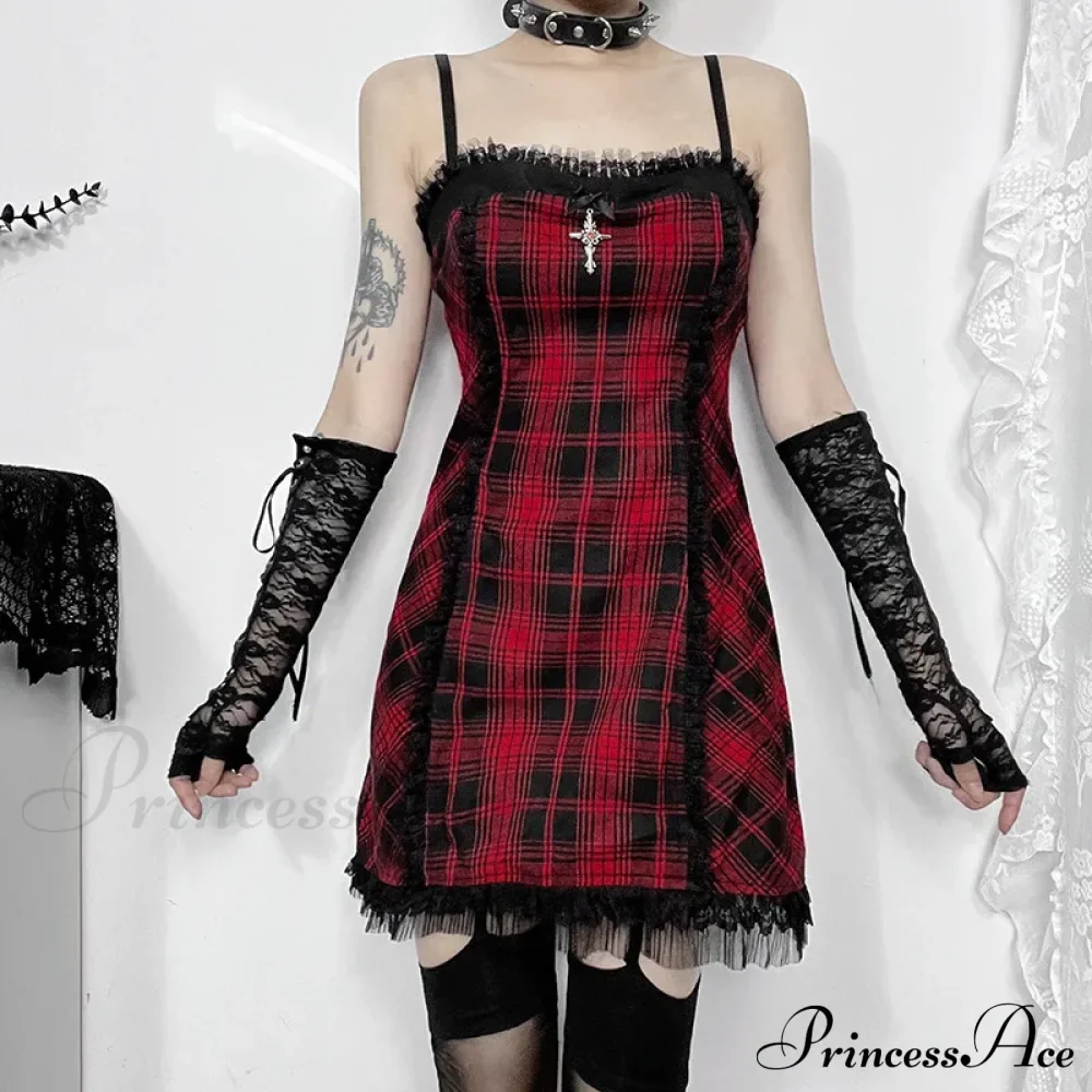 Gothic High Waist Plaid Halter Vintage Retro Grunge Aesthetics Contrast Swing Party Dress - Image 4