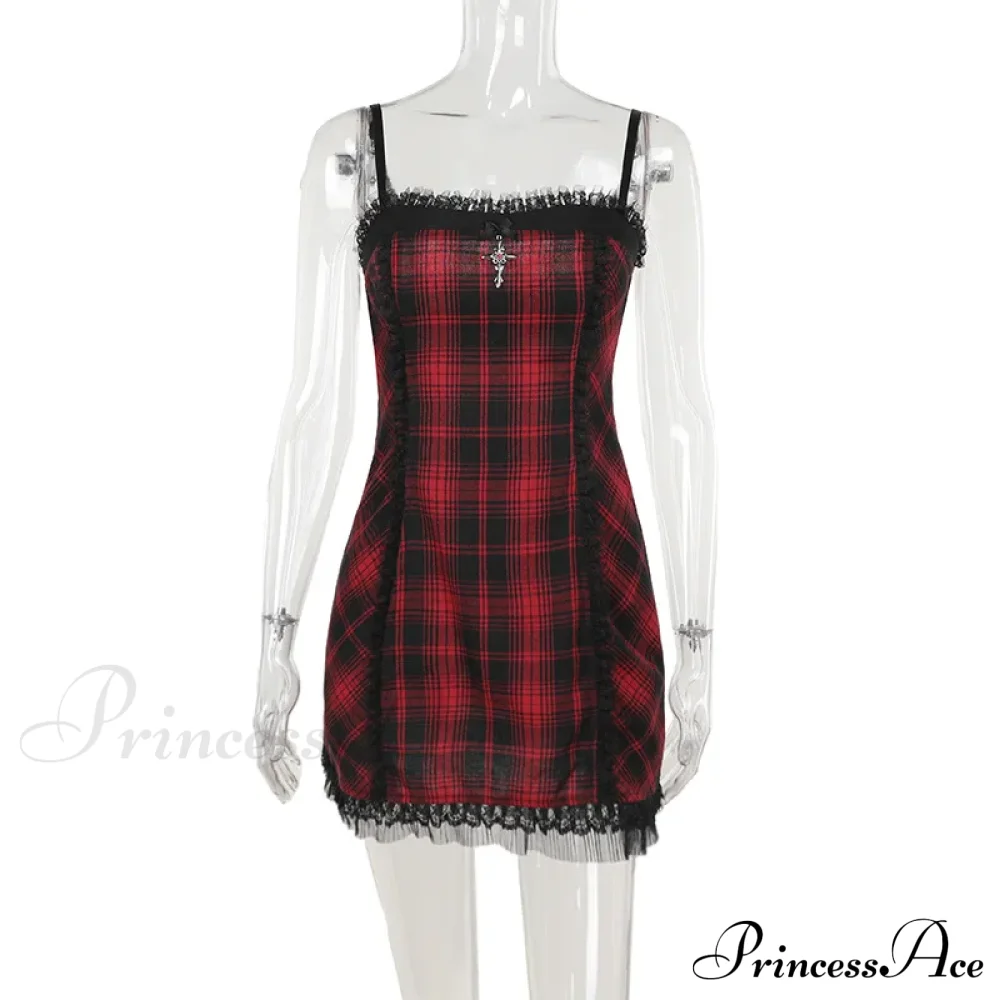 Gothic High Waist Plaid Halter Vintage Retro Grunge Aesthetics Contrast Swing Party Dress - Image 6