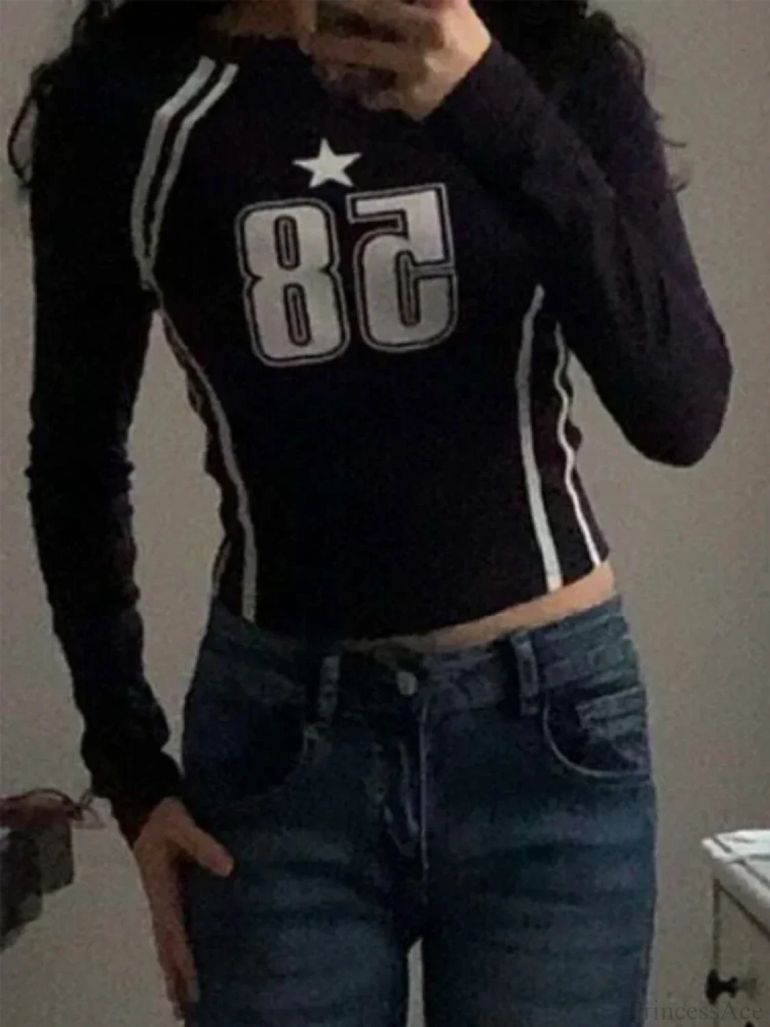 Gothic Open Umbilical Letter Printed Casual Long Sleeve Knit Top - Image 4