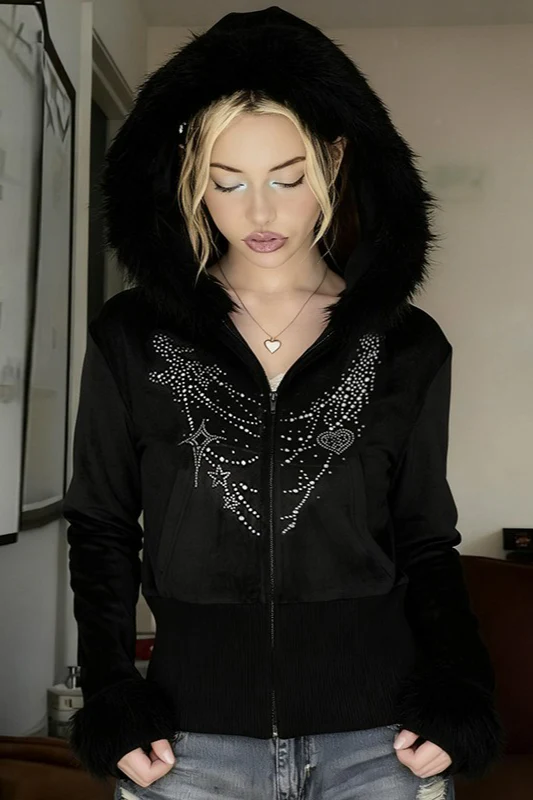 Gothic Rhinestone Fur Paneled Slim Hoodie