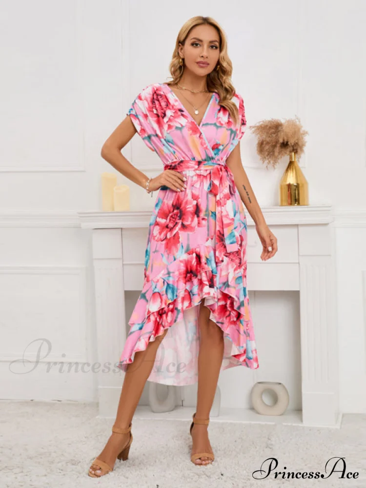 Gown Flowered for Front Wrap Design Midi Women - Image 3