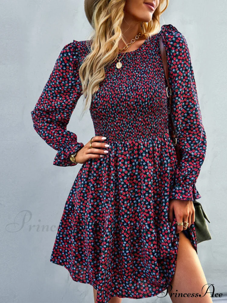 Gown Neck and for Spring A-Line Flowered Skirt Round Long-Sleeved - Summer - Image 14